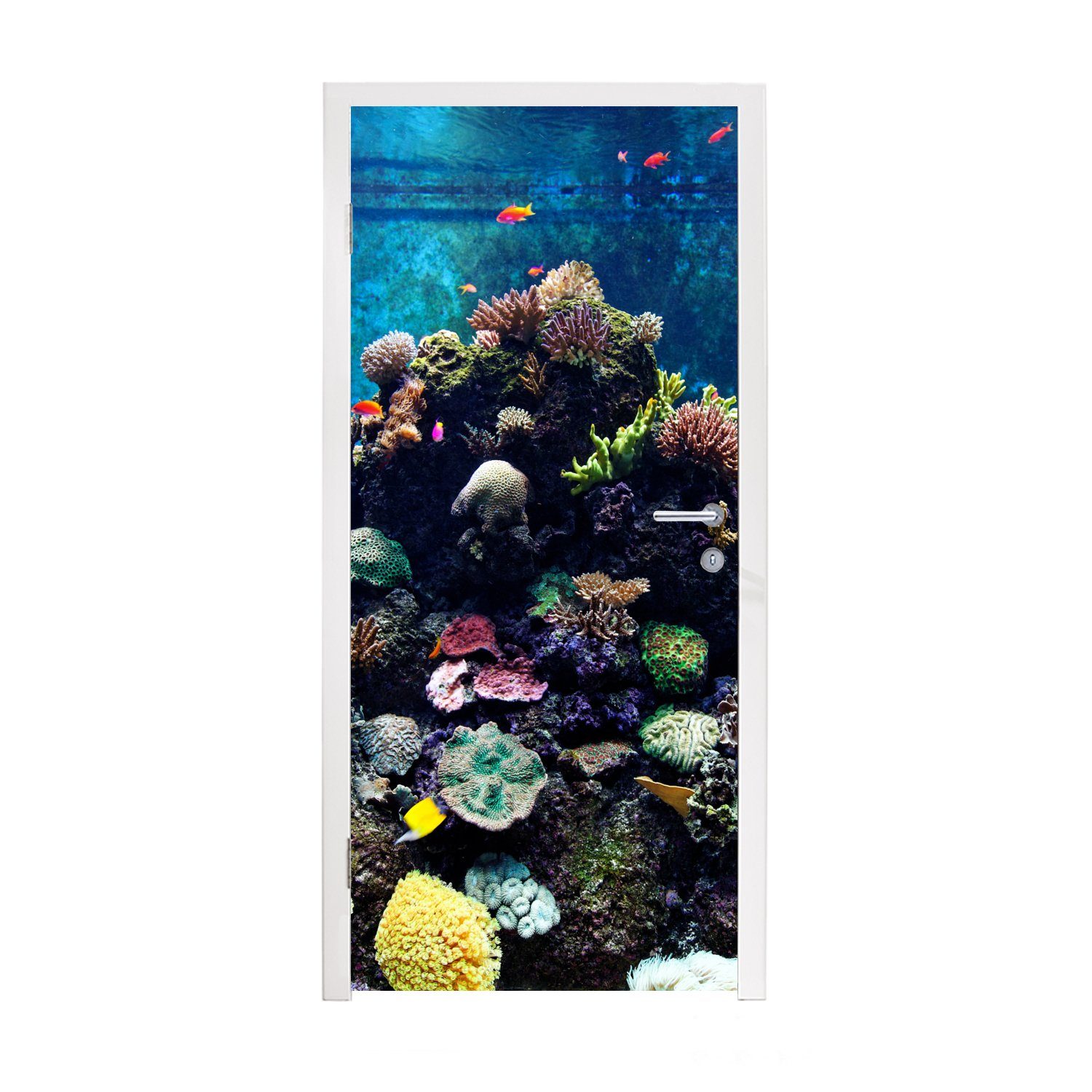 MuchoWow Türtapete Aquarium mit tropischen Fischen und Korallen, Matt, bedruckt, (1 St), Fototapete für Tür, Türaufkleber, 75x205 cm