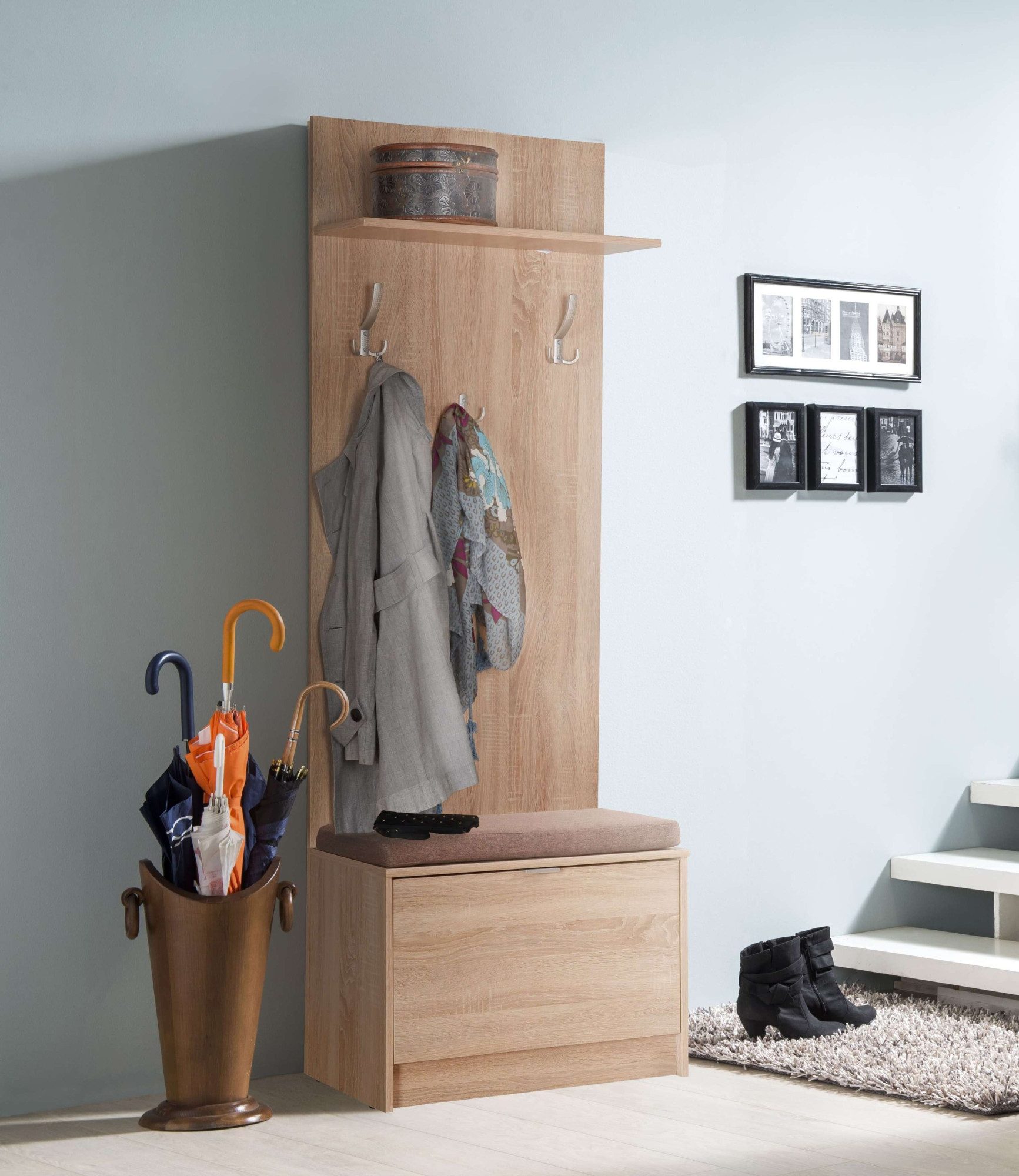 Home affaire Kompaktgarderobe Flamenco Flurgarderobe, Dielenschrank, Flurmöbel, Breite 67 cm mit Sitzbank und Garderobenpaneel, Klapptür, 8 Haken, in Sonoma Eiche