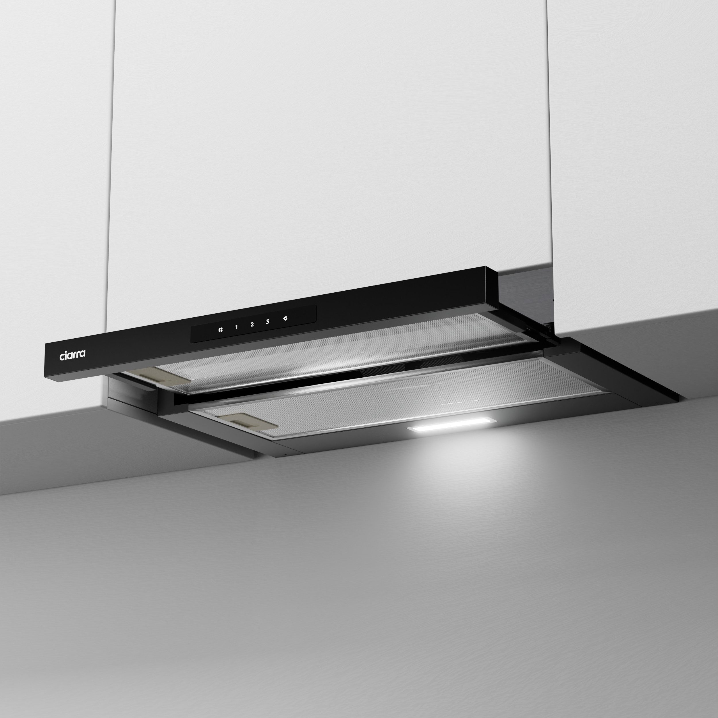 CIARRA Flachschirmhaube 60cm Teleskophaube A+ 580 m³/h Umluft & Abluft VM6909AB 60cm Teleskophaube A+ 580 m³/h Umluft & Abluft VM6909AB, Ausziehbare Dunstabzugshaube 60 cm mit Kohlefilter LED 3 Stufen