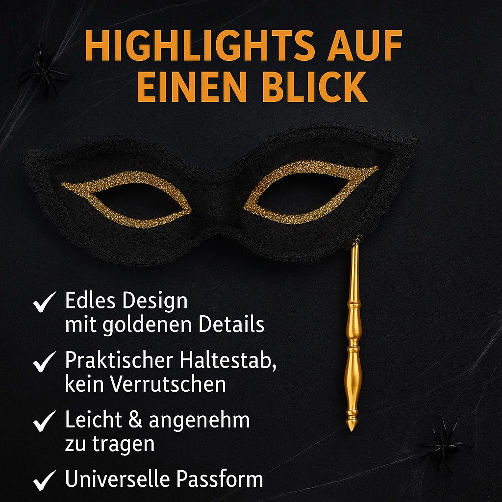 Widmann S.r.l. Verkleidungsmaske Domino Maske schwarz-gold mit Stab Kostümaccessoire, Elegant, geheimnisvoll, glamourös