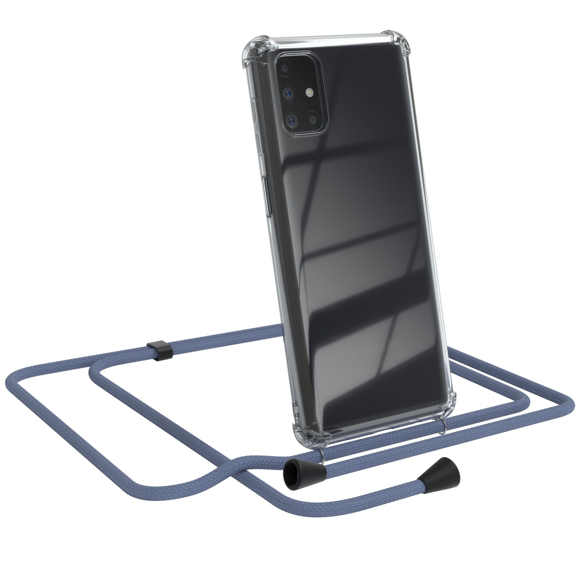 EAZY CASE Handykette Clips Schwarz für Samsung Galaxy M51 6,7 Zoll, Silikonhülle Transparent Handyhülle mit Kordel Kette zum Umhängen Blau