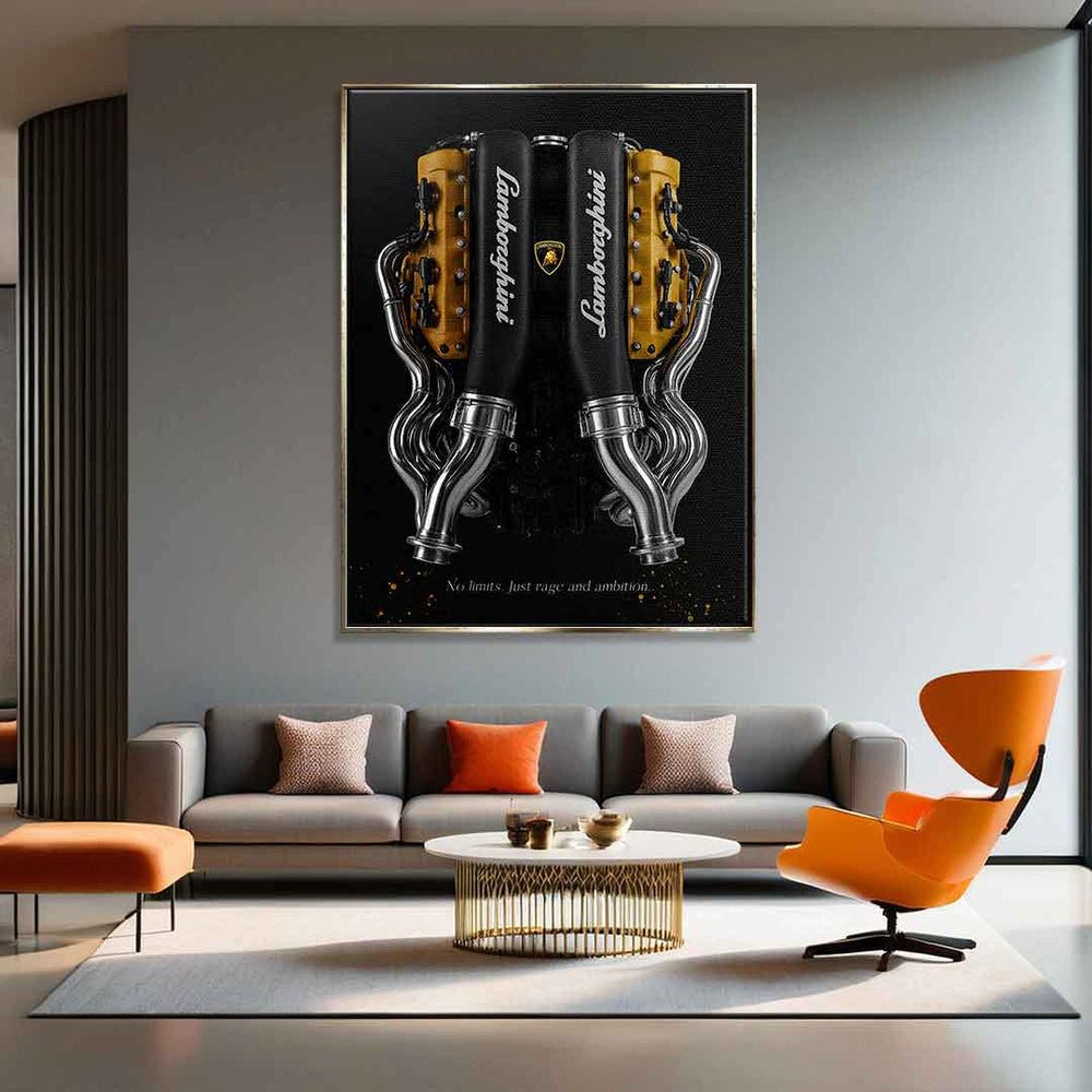 DOTCOMCANVAS® Leinwandbild Lamborghini Engine, Leinwandbild Lamborghini Engine schwarz edel luxus Wandbild Kunstdruck