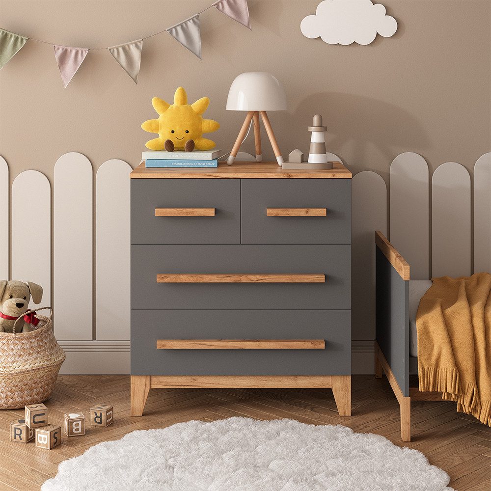 Kommode Malia, Grau/Artisan/Artisan, 80 x 88 cm mit 4 Schubladen