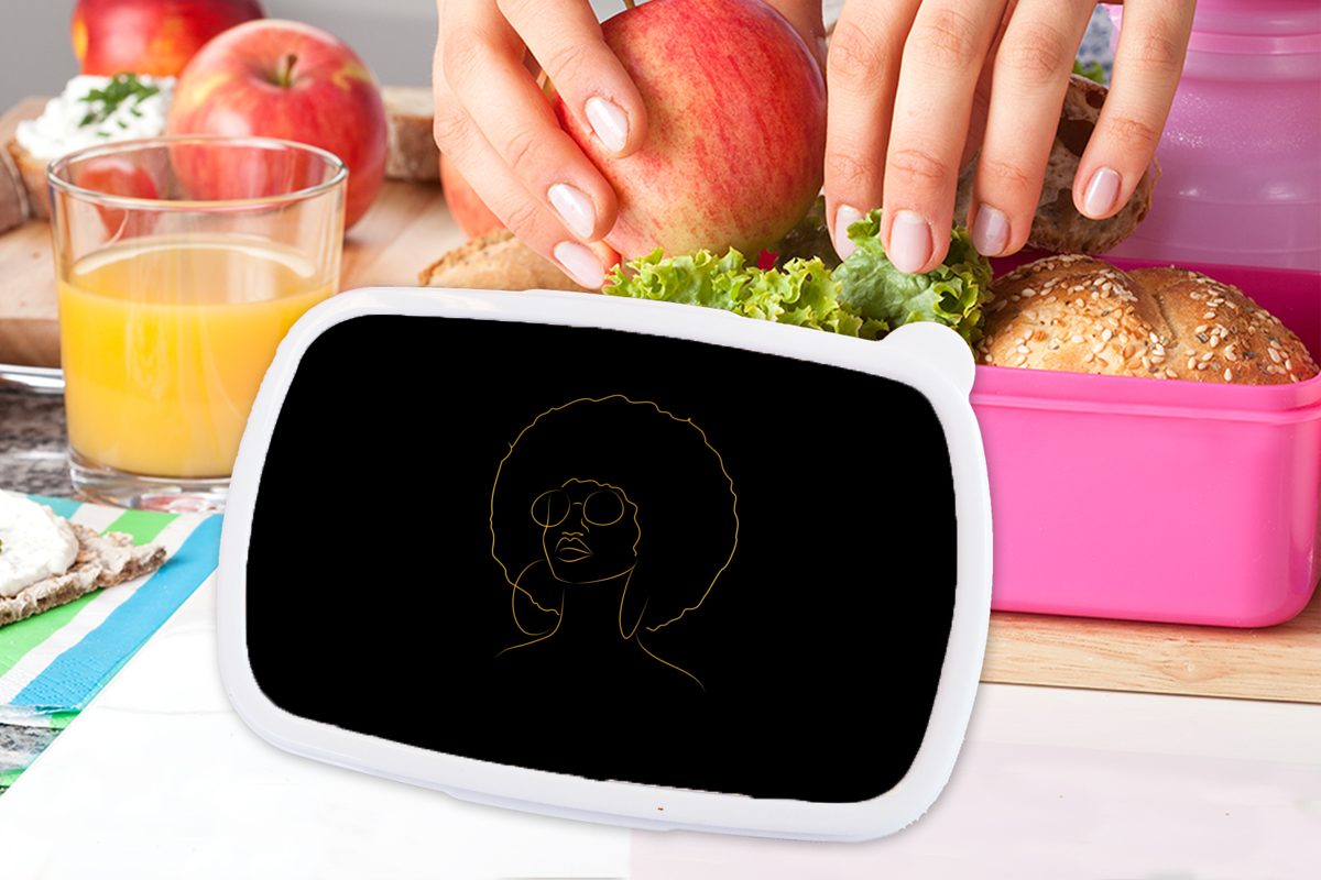 MuchoWow Lunchbox Frau - Sonnenbrille für Kinder, Kunststoff, rosa Erwachsene, Mädchen, Gold - (2-tlg), Brotbox Strichzeichnung, Snackbox, - Kunststoff Brotdose