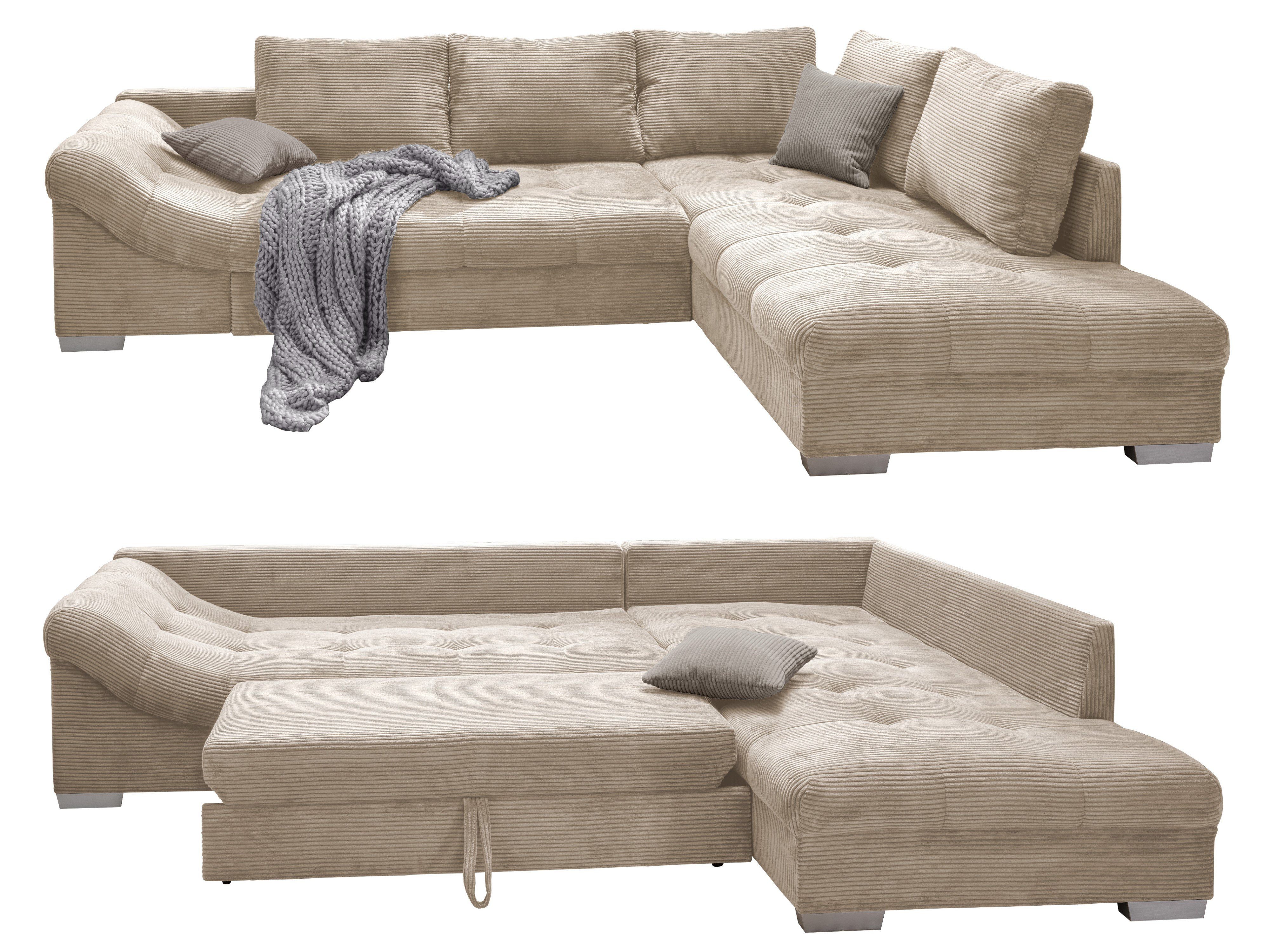 luma-home Ecksofa 17203, Bettfunktion, Wellenunterfederung, 298x202 cm, Ottomane rechts, Cord, Beige