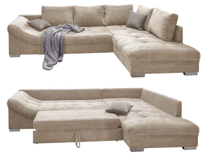 luma-home Ecksofa 17203, Bettfunktion, Wellenunterfederung, 298x202 cm, Ottomane rechts, Cord, Beige