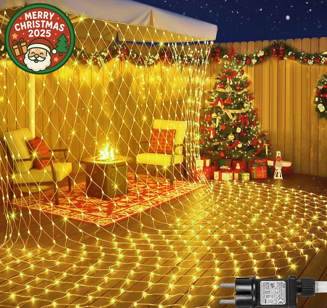 MERRY 2026 LED-Lichternetz mit 8 Modi,31V Sichere LED Lichterkette Netz für Weihnachtsdeko, 1.5x1.5 M 96 LEDs, Lichtnetz für Büsche Garten Balkon Fenster