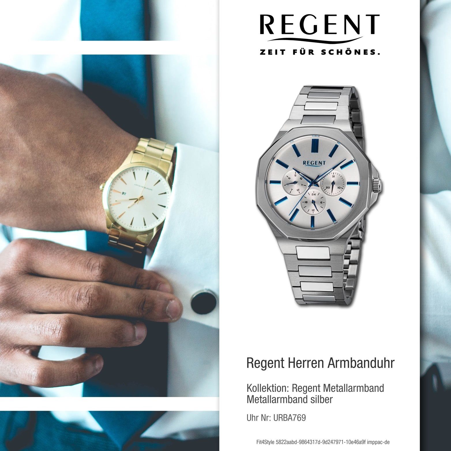 silber, Quarzuhr Armbanduhr Herren rundes extra groß Analog, Regent Metallarmband (ca. Gehäuse, Regent 42mm) Herrenuhr