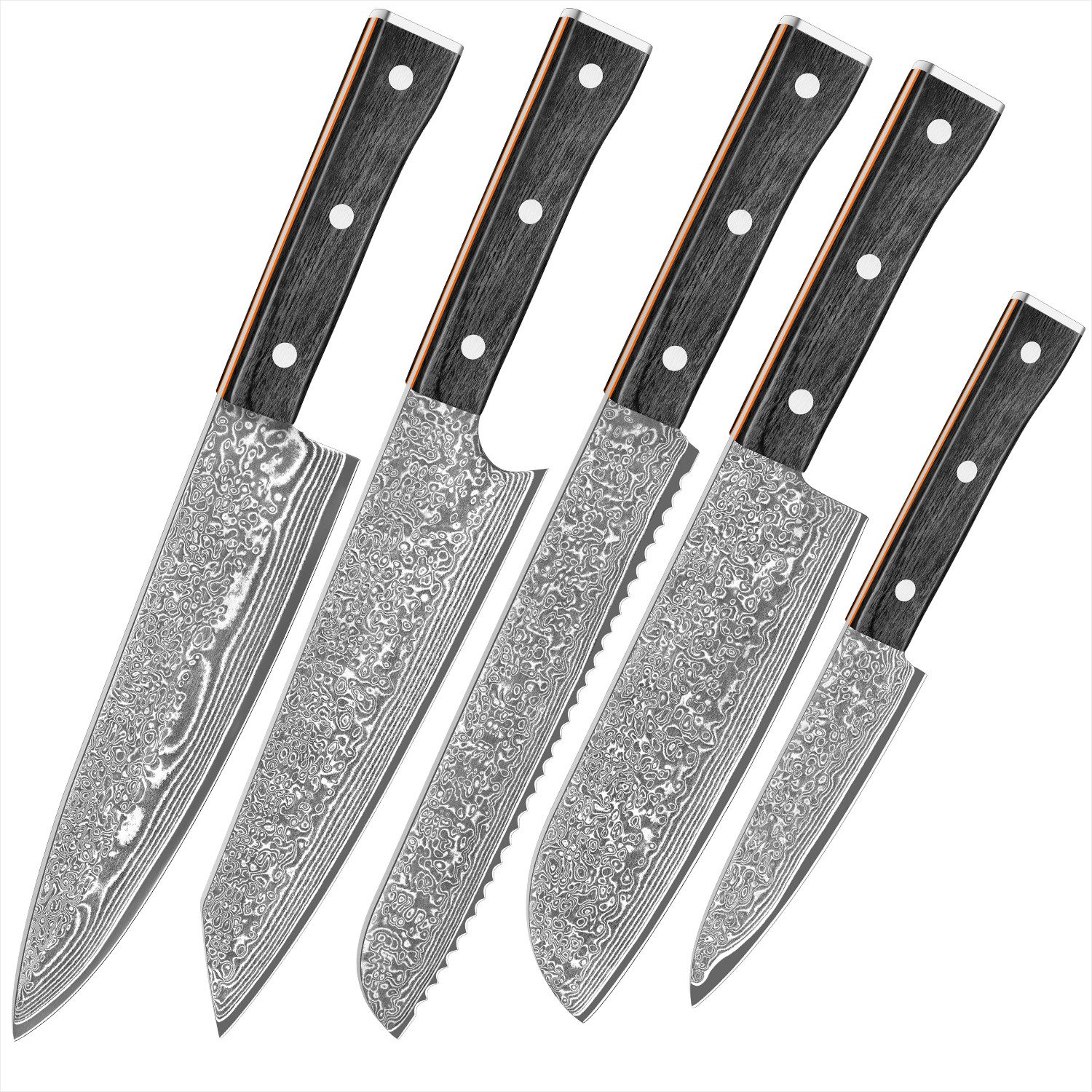 UniqueFire Messer-Set 5tlg. Damastmesser Set Küchenmesser aus 67 Lagen Damaststahl (5-tlg)