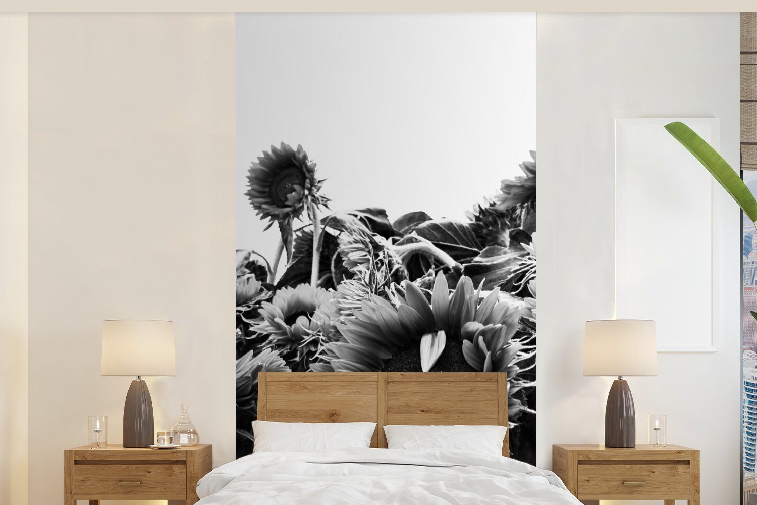 MuchoWow Fototapete Sonnenblumen in Holland schwarz und weiß, Matt, bedruckt, (2 St), Vliestapete für Wohnzimmer Schlafzimmer Küche, Fototapete