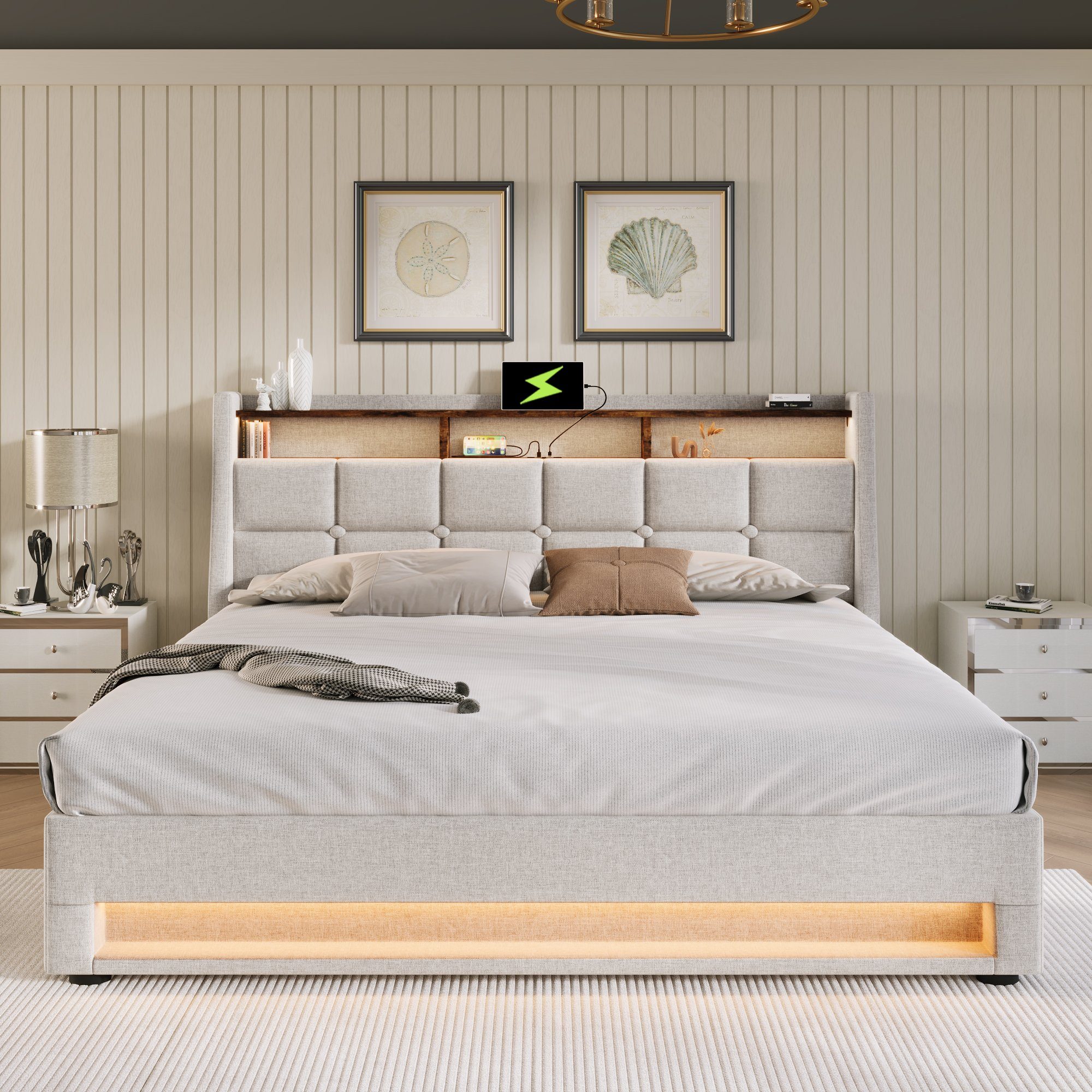 WISHDOR Polsterbett Bett (LED Doppelbett Matratze mit Ladeanschluss), 180x200cm,Ohne Beige Jugendbett USB/Typ-C