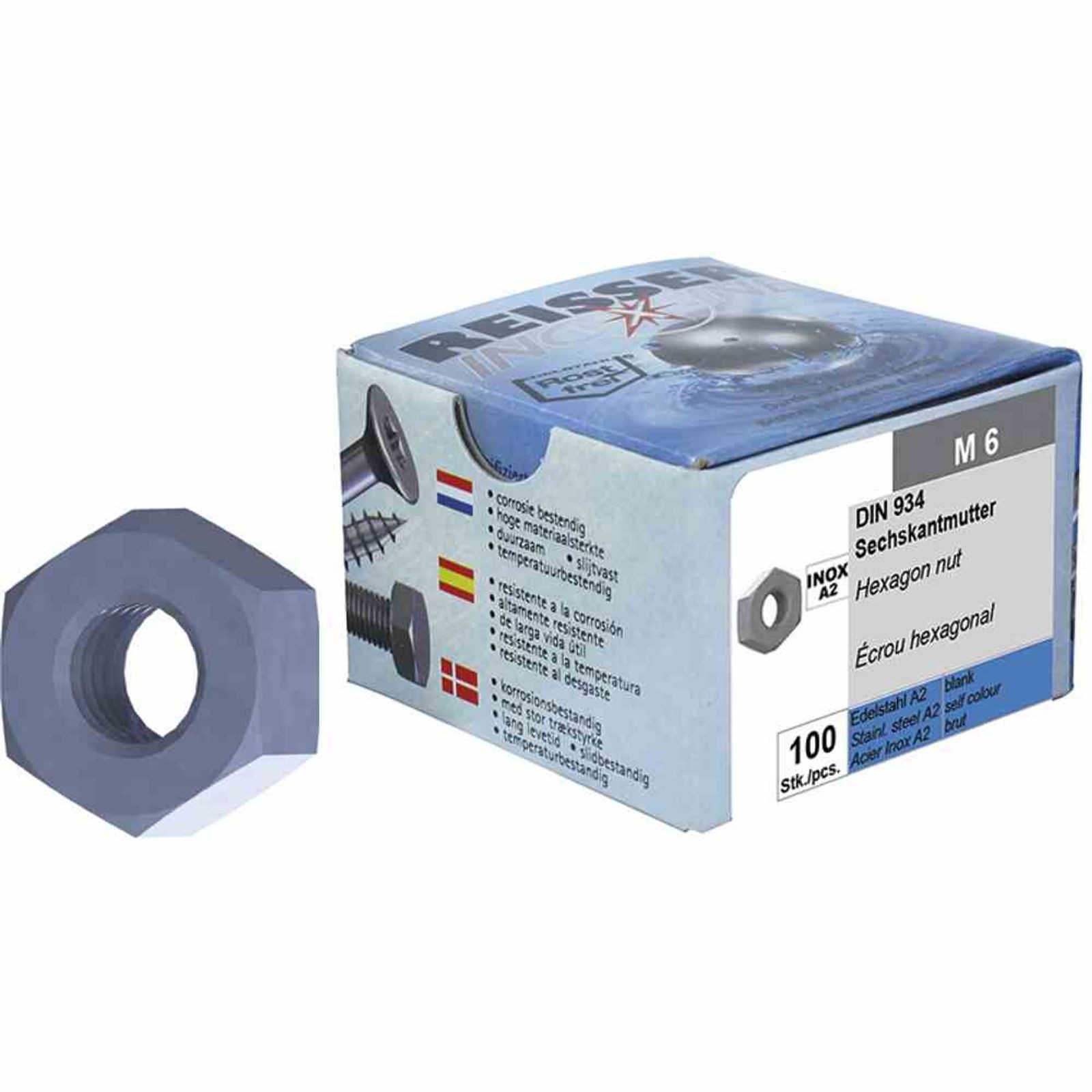 REISSER-Schraubentechnik GmbH Sechskantmutter SB Sechskantmuttern V2A M 6 Paket 100 Stück Edelstahl A2, gebeizt, pas