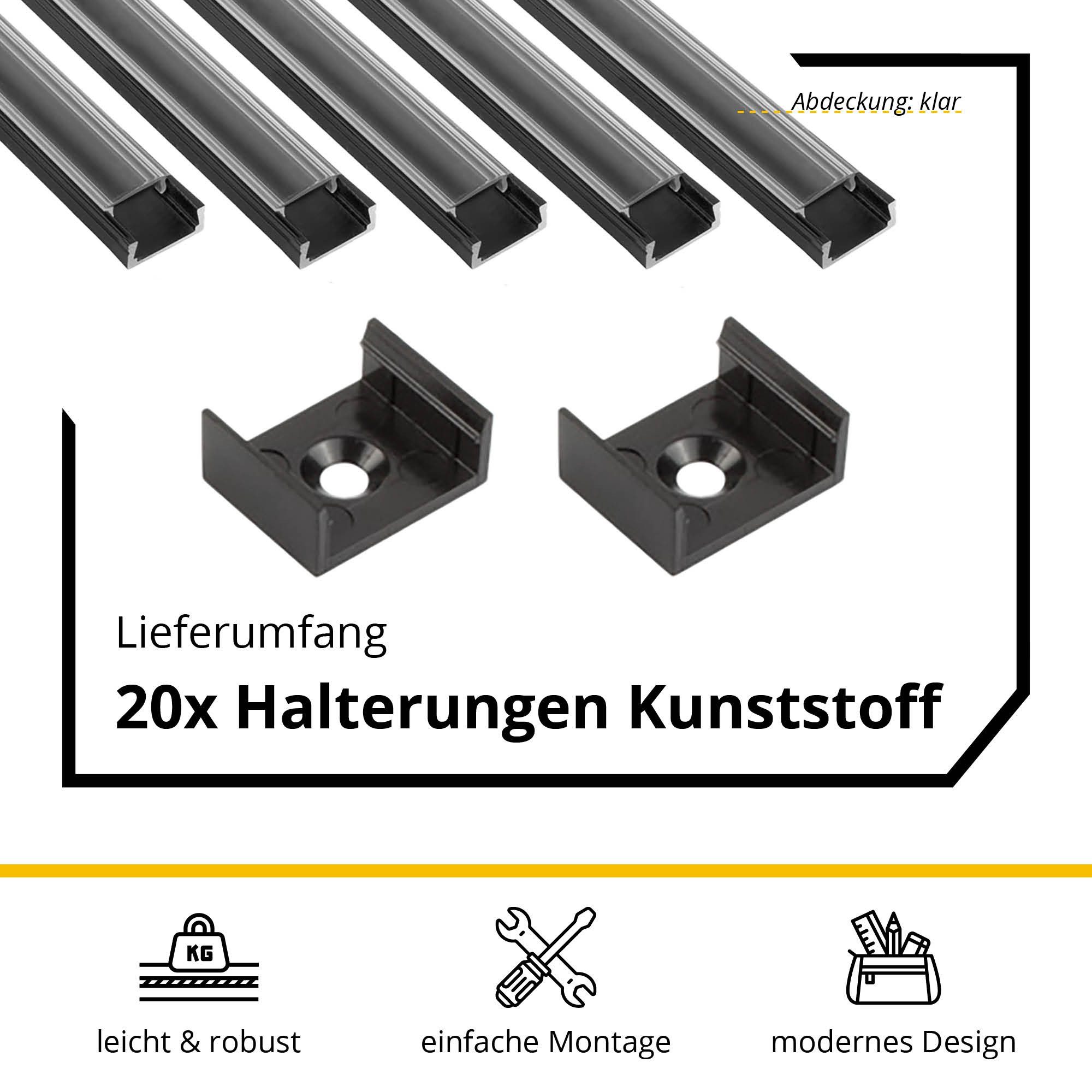 tktrading24 LED-Stripe-Profil 5x A15 LED Profil 2m - Schwarz inkl. Abdeckung, Halter & Endkappen – Bild 4 von 5