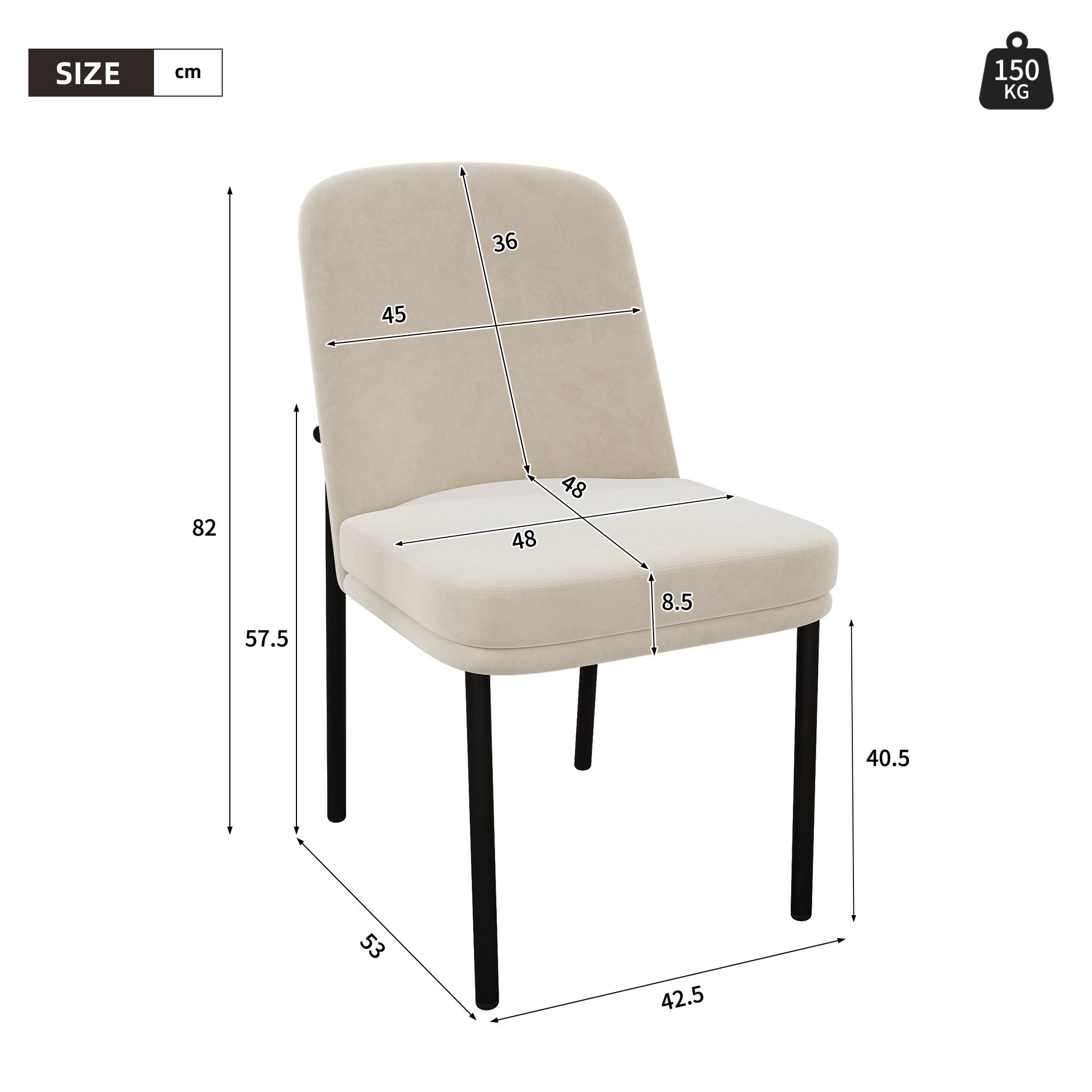 Flieks Esszimmerstuhl (Set, 2 St), 2er Set Polsterstühle Küchenstuhl Samt Beige, schwarze Metallbeine