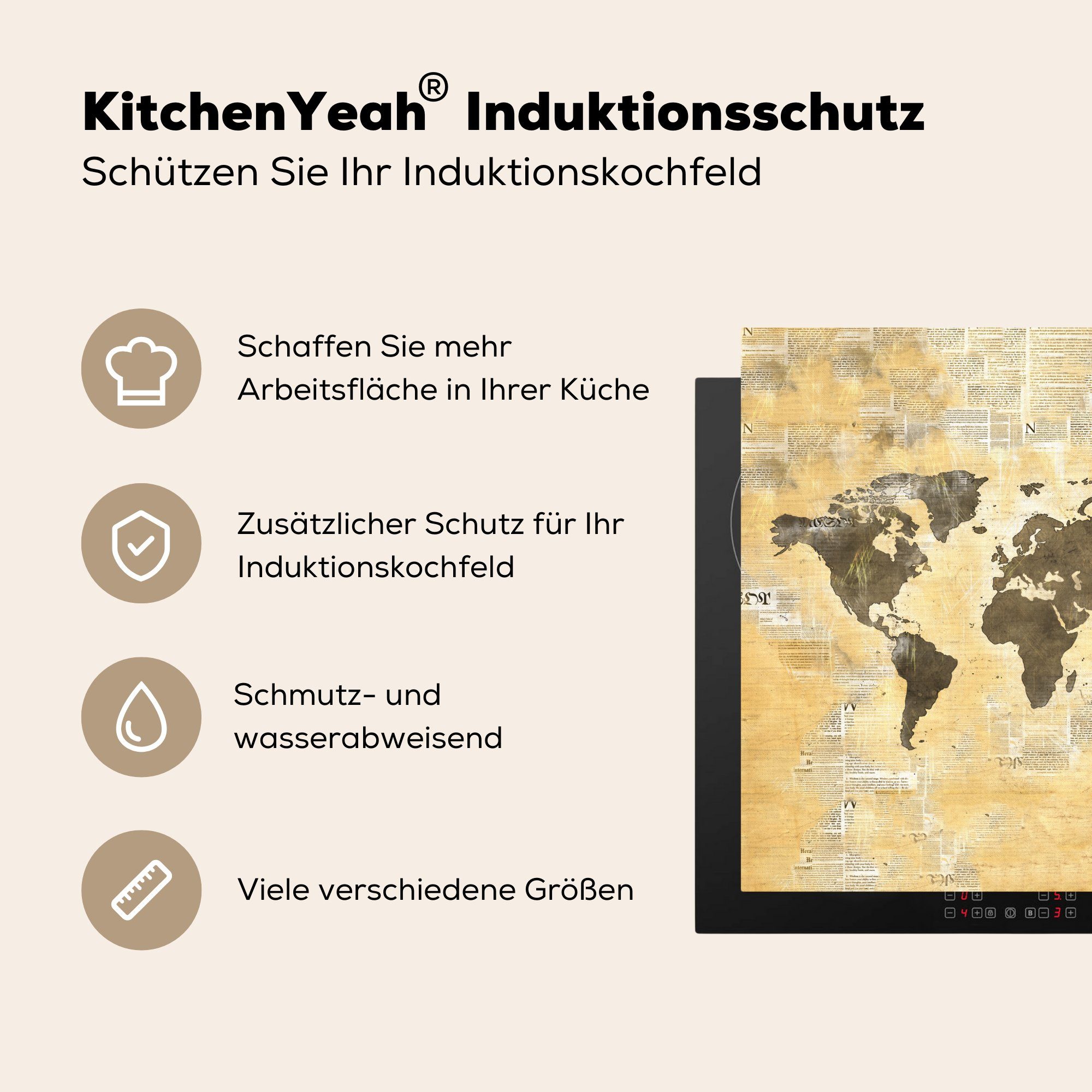 Arbeitsplatte 78x78 MuchoWow küche Vintage, (1 tlg), Vinyl, Weltkarte cm, Ceranfeldabdeckung, für - Aquarell - Herdblende-/Abdeckplatte