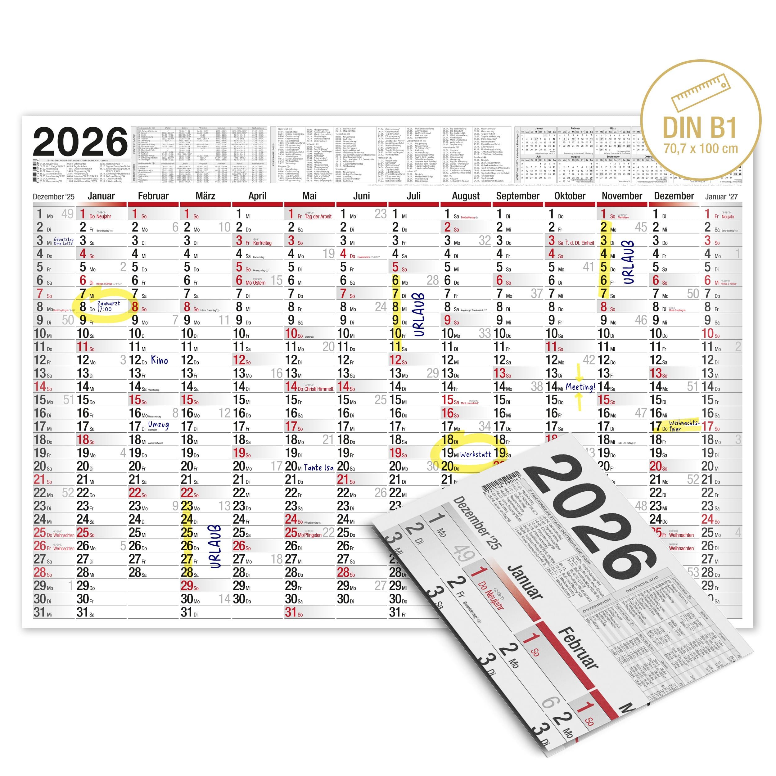 TOBJA Wandkalender XXL Wandkalender 2026 100 x 70 cm gefalzt, Jahreskalender 2026 Bürokalender Planer