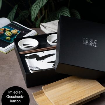 Moritz & Moritz Tafelservice Moritz & Moritz Gourmet - Sushi Set 10 teilig Pinselstriche schwarz (8-tlg), 2 Personen, Porzellan, Geschirrset für 2 Personen