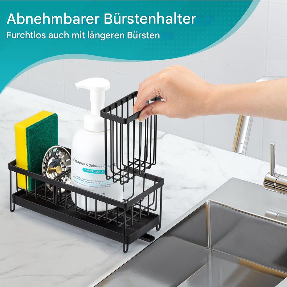 SURFOU Küchenorganizer-Set Spülbecken Organizer Küchen Organizer Spüle Organizer Schwammhalter, (Sink Caddy Kitchen Organizer, Schwammhalter Spülorganizer, Spülmittel Halterung, Spülutensilien Aufbewahrung,Hochwertiger Kohlenstoffstahl, Waschbecken Abwasch Organizer für küche und bad, 1-tlg., Spülmittel Halterung, von bürsten, schwämmen und reinigungsmitte), mit 360° drehbares Ablaufrohr, Schwarz, 23,5*10,2*9/16cm