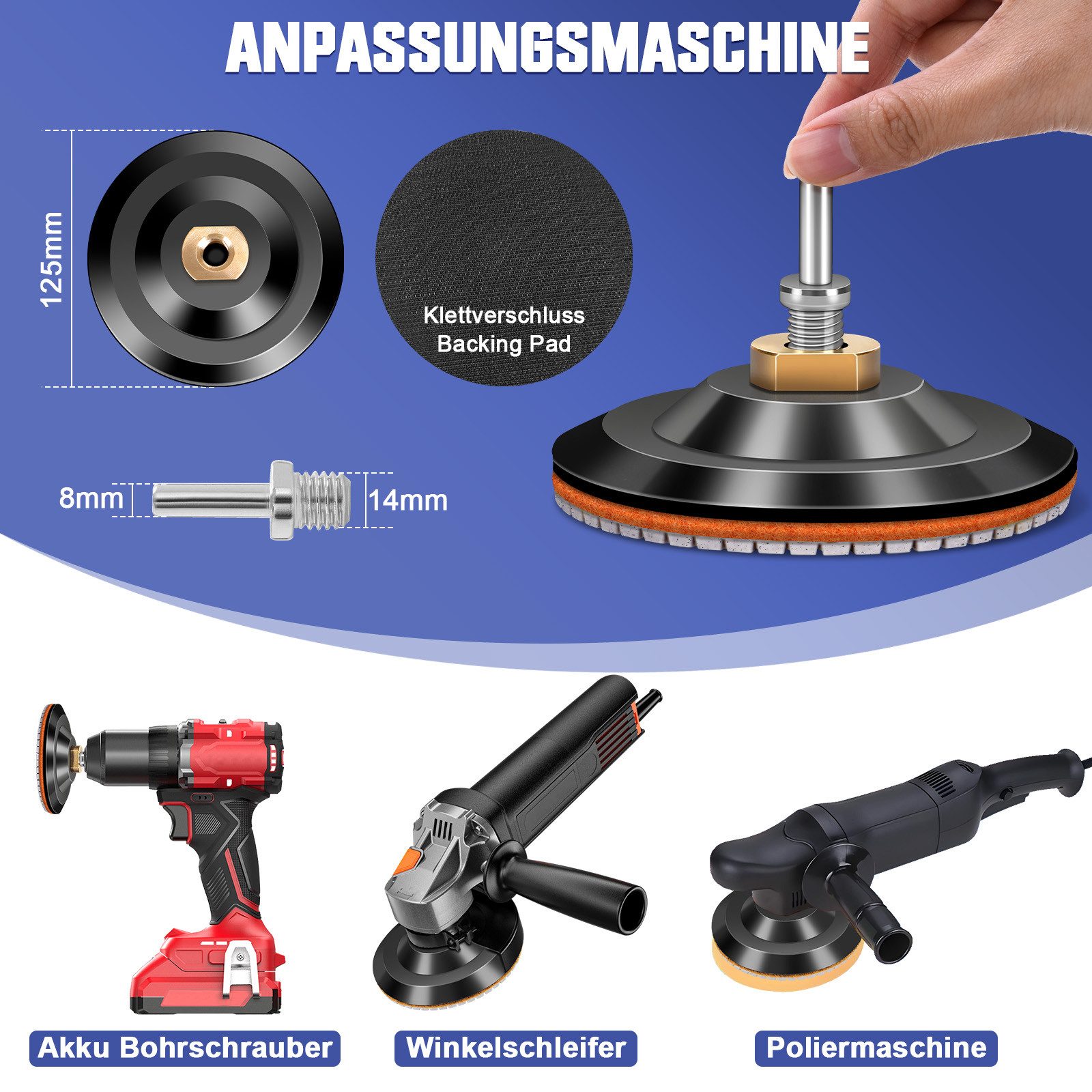 XERSEK Polishing Pad 16 Pieces M14 Diamond Polishing Discs Wet/Dry Sanding Pad Polishing Pad, Ø125mm Floor Grinder Polisher 50-10000# with Suction Pad + Drill Attachment