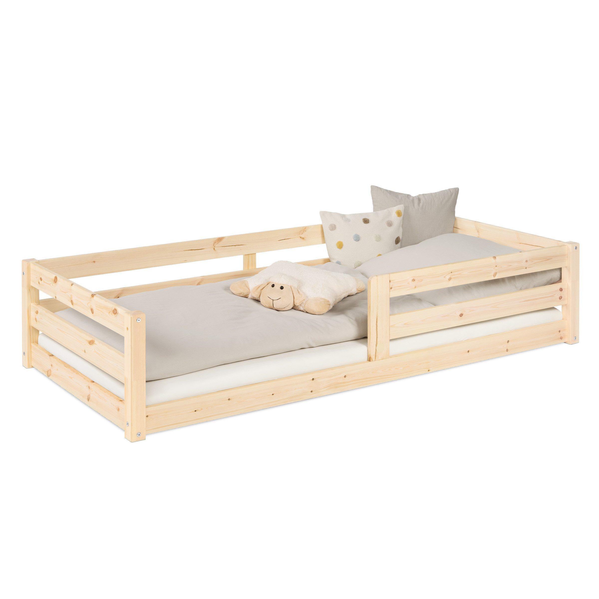 Ehrenkind Kinderbett Bodenbett Sona aus massivem Kieferholz und Rausfallschutz, Montessori Kinderbett 90x200 cm