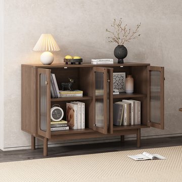 MODFU Sideboard aus Spanplatte mit Glasvitrine (4 Glastüren), mit vertikalen Streifen, Glasvitrine, 120*40*82cm