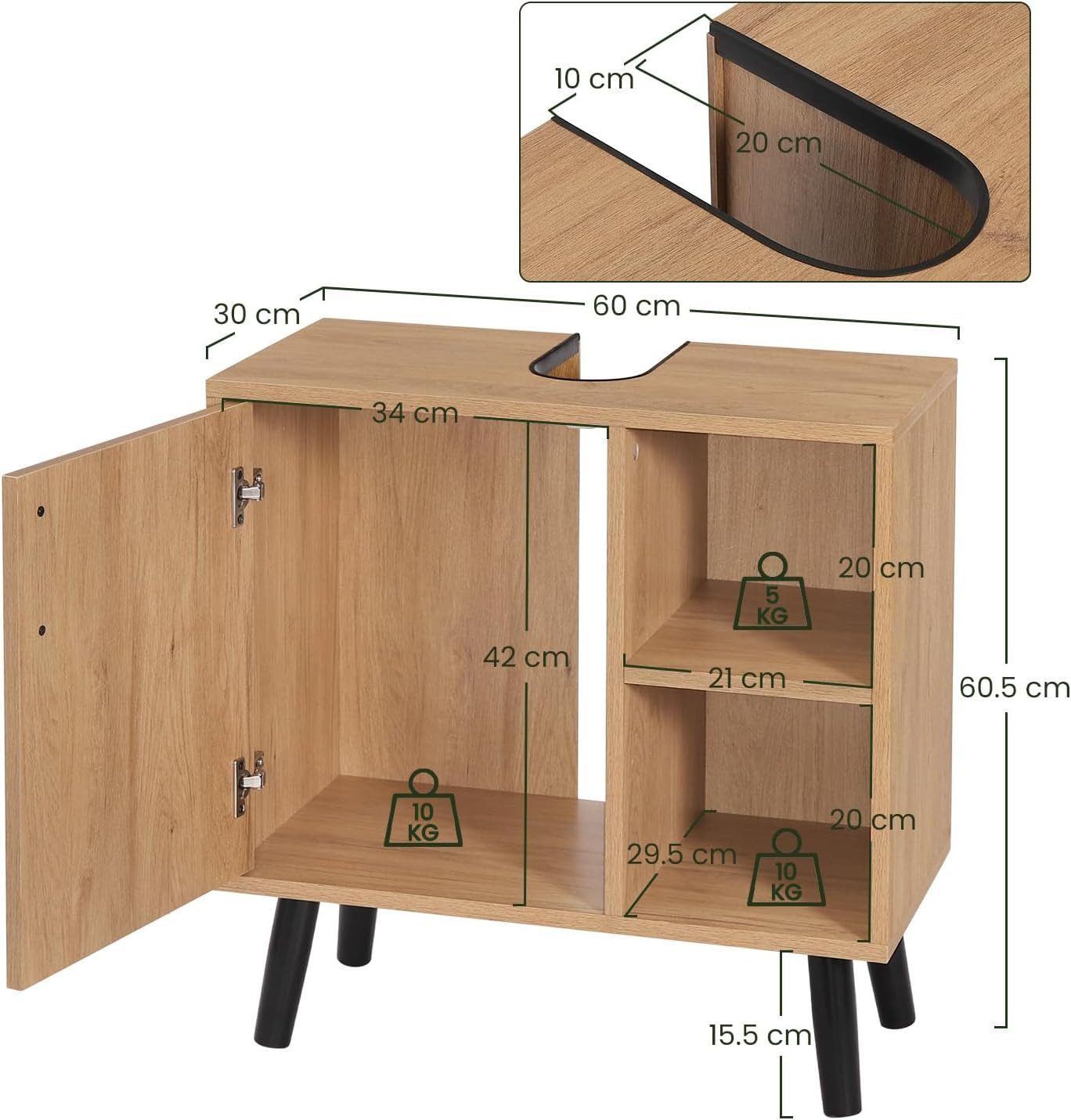 EUGAD Waschbeckenunterschrank (1-St) mit 2 offenen Ablagen, Tür, Holz