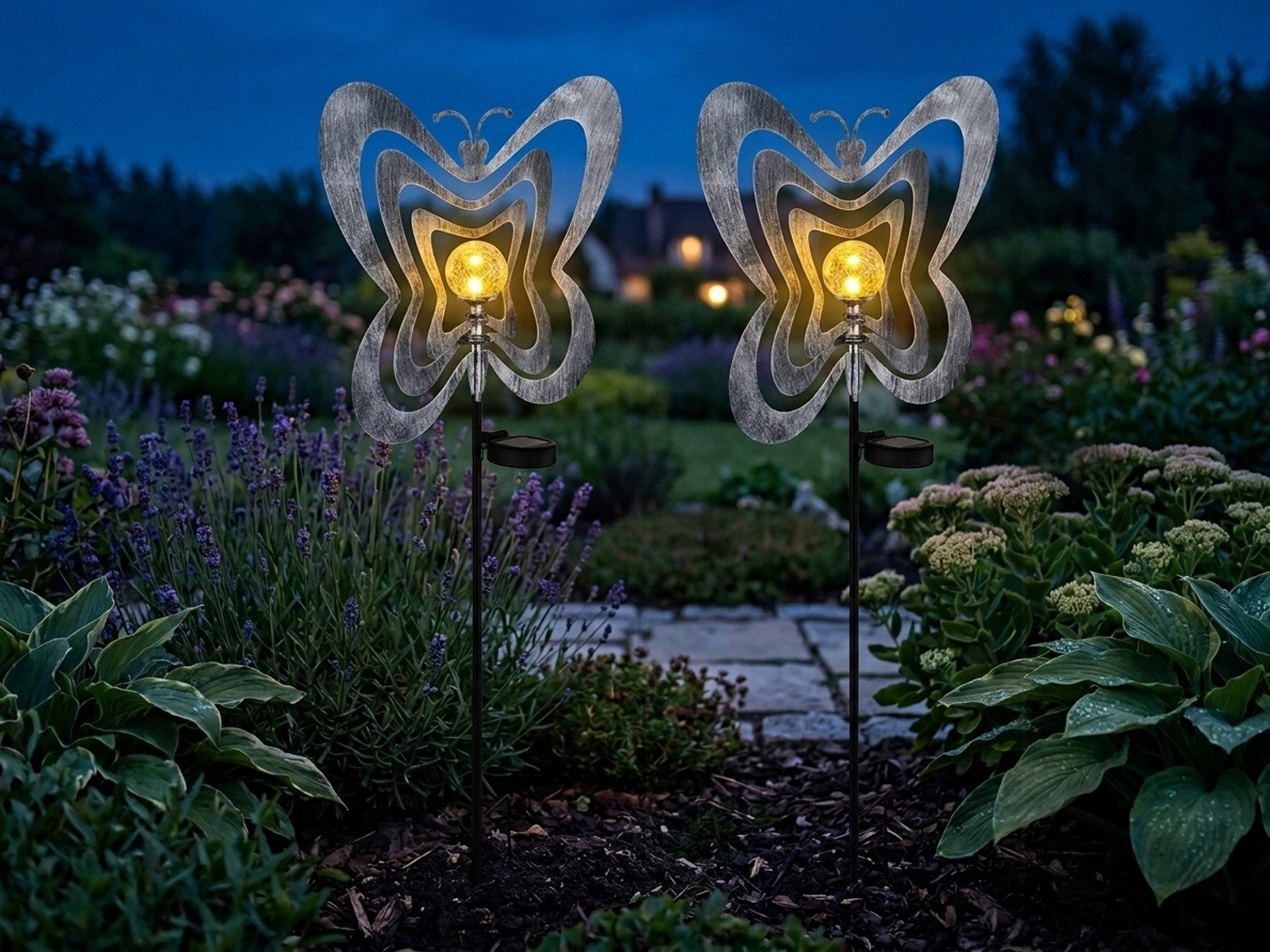 GLOBO LIGHTING LED Solarleuchte 2er Set Gartenstecker Schmetterling 83cm, LED fest integriert, warmweiß, Solar-beleuchtung Garten-leuchten mit Erdspieß Solarlicht Silber-Grau