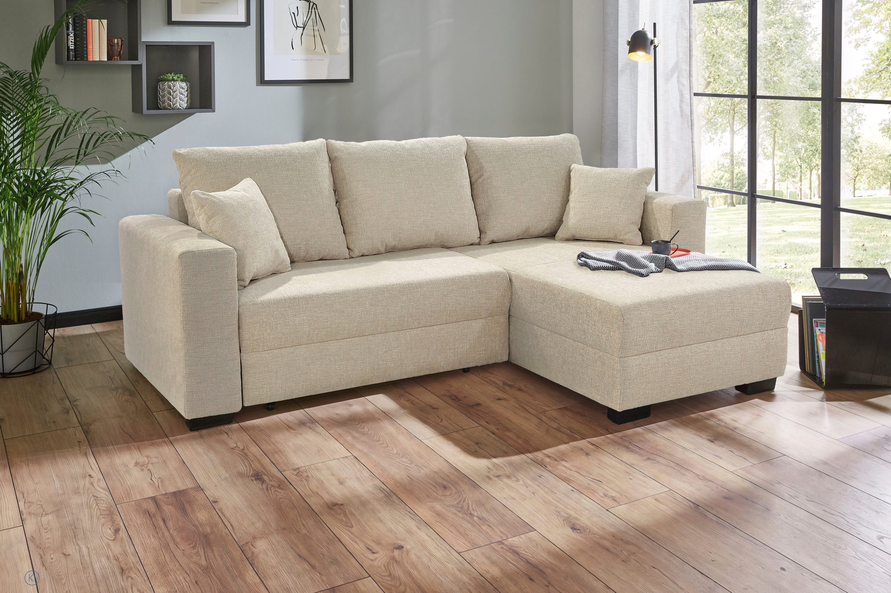 Jockenhöfer Gruppe Ecksofa Ecksofa Elmau, Größe Ottomane: L, B:235cm, optional mit Topper, mit Schlaffunktion, Topper, Bettkasten & 2 Zierkissen