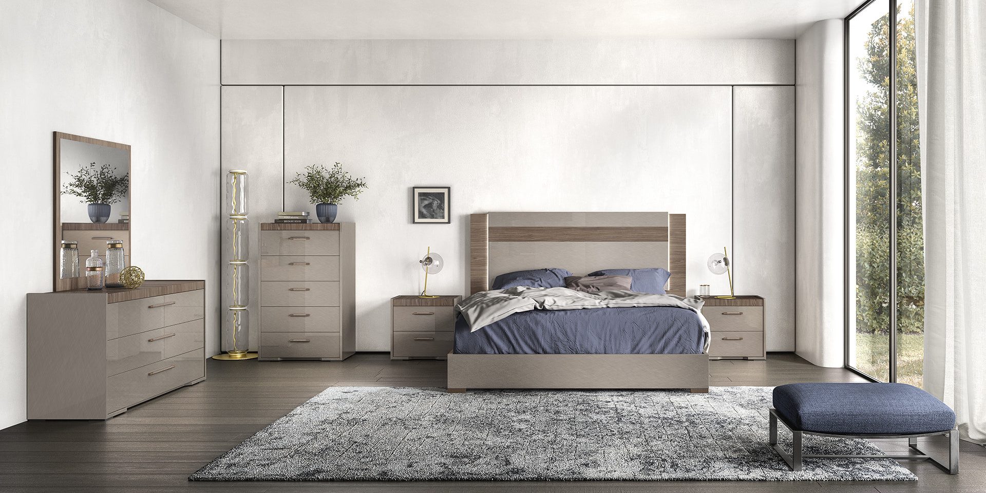 Interdesign24 Schlafzimmer-Set Amalfi, (6-Teilig, in Beige/Walnussholzoptik Hochglanz), Made in Italy