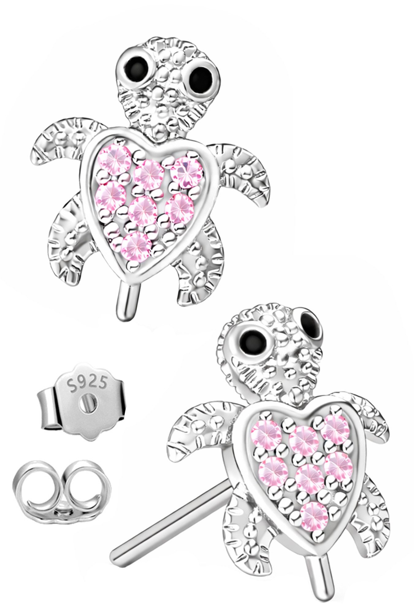 Limana Paar Ohrstecker Kinder Mädchen Ohrringe Schildkröte 925 Silber rosa Zirkonia (inkl. Dose Silberschmuck Echtschmuck Schmuck Geschenk für Geburtstag), Ostern Einschulung Schulanfang Nikolaus Kommunion Weihnachten