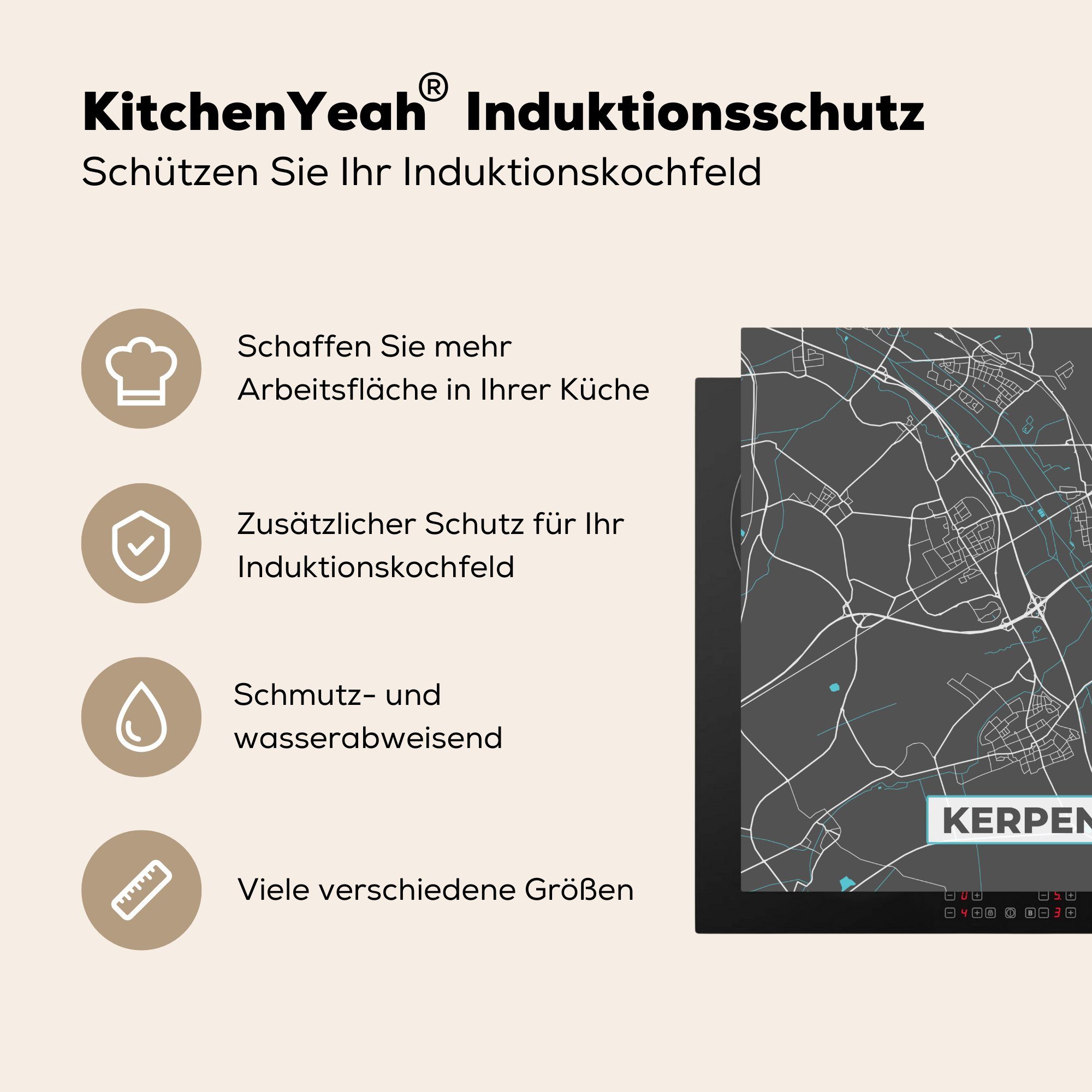 Herdblende-/Abdeckplatte Karte, küche - Arbeitsplatte - - (1 Stadtplan tlg), Deutschland 78x78 Vinyl, Ceranfeldabdeckung, MuchoWow - cm, für Kerpen Blau