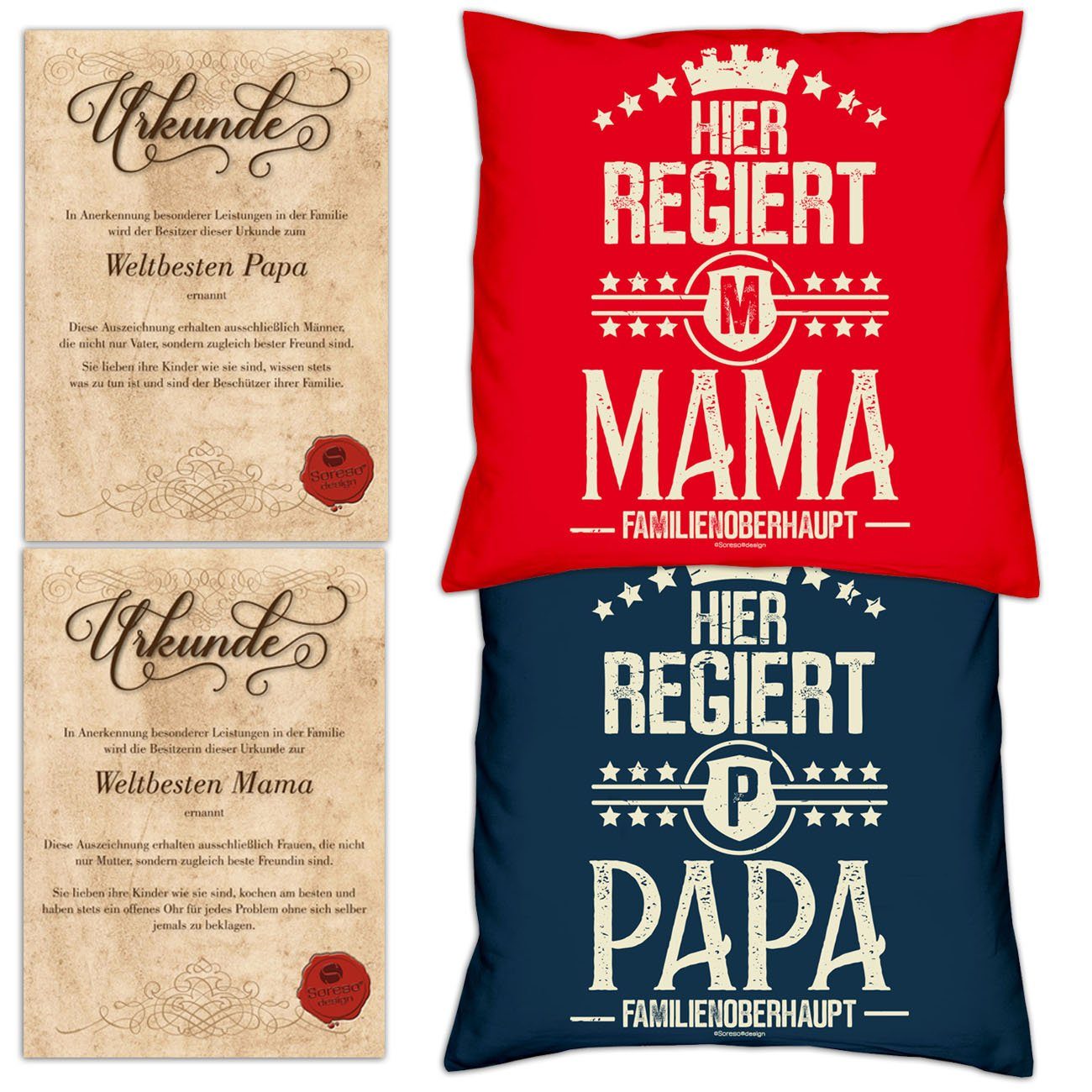 Soreso® Dekokissen Kissen-Set Hier regiert Papa Hier regiert Mama mit Urkunden, Geschenk Weihnachten Eltern rot