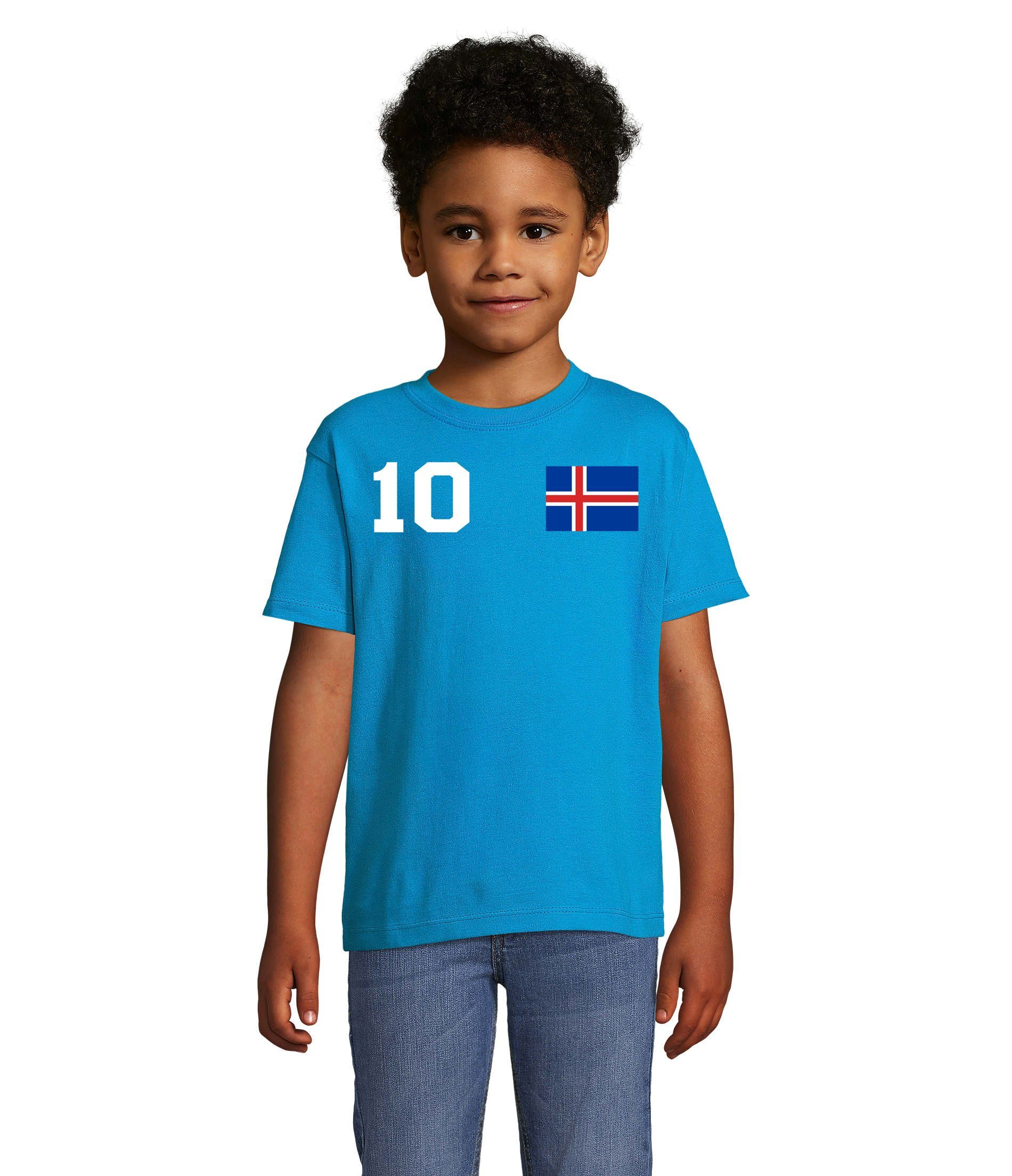 Fußball Handball Trikot Island & Blondie Meister Brownie T-Shirt Sport EM Weiss/Blau Iceland Kinder WM