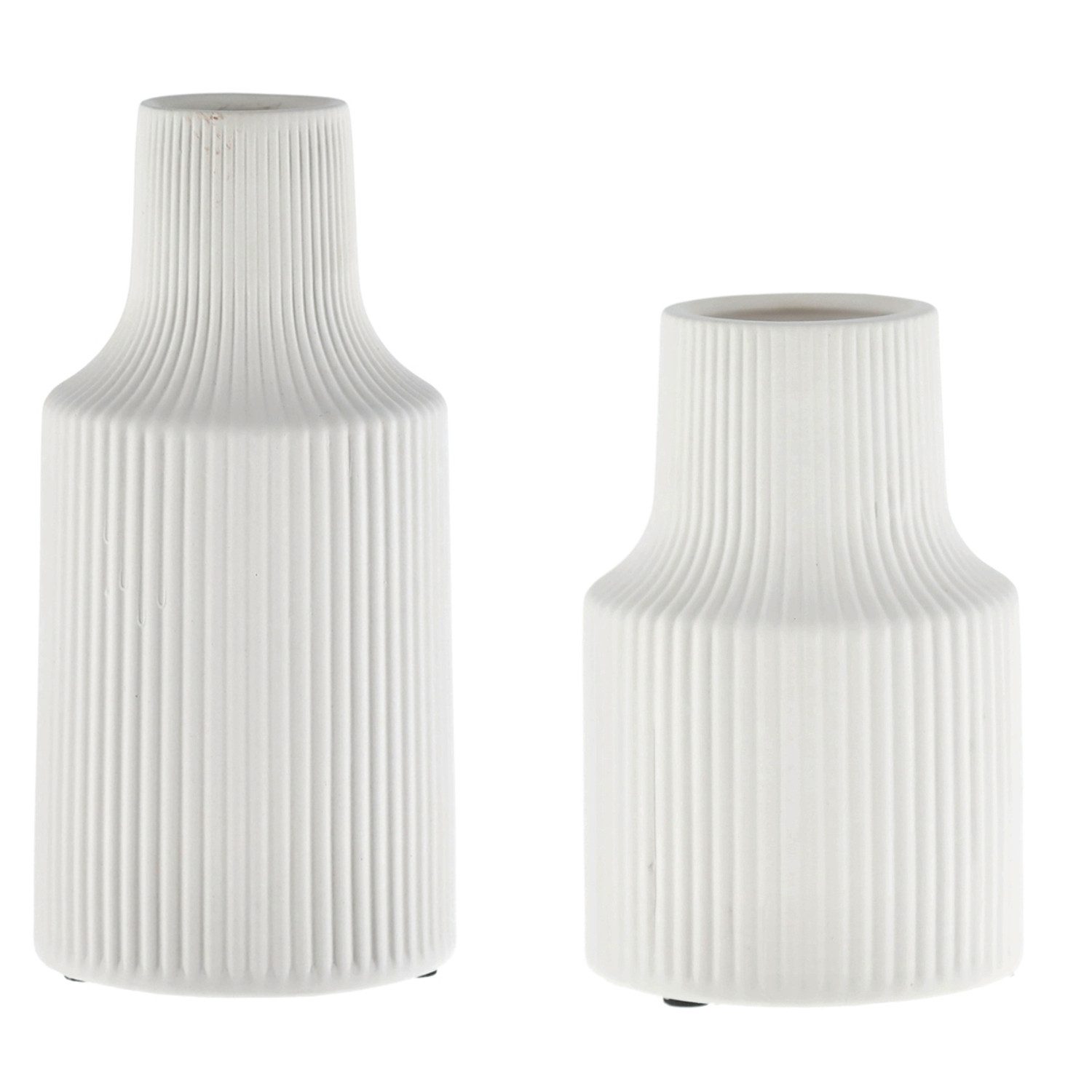 Macosa Home Dekovase Dekovase Weiß Keramik Rillen 14 cm od. 19 cm (Rillenvase, modern Vase Tischvase Tischdeko), rund Keramikvase Blumenvase