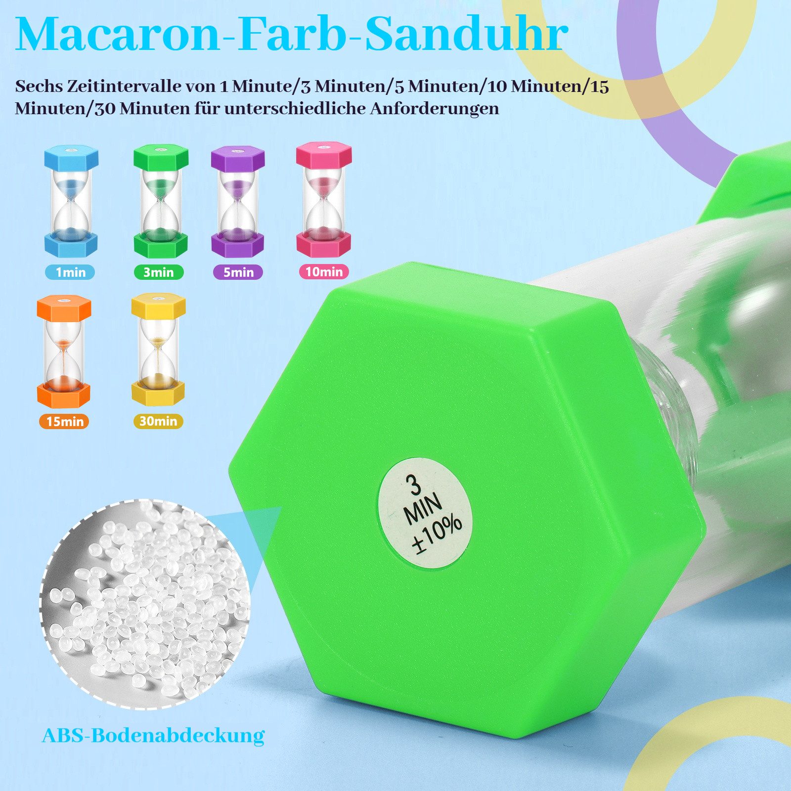 BlingBin Sanduhr 6 Stück Bunter Sanduhren für Kinder,Farbtimer, Zeitmesser Sanduhren Sanduhren Set 1/3/5/10/15/30 Minuten Geeignet für Küche, Zuhause