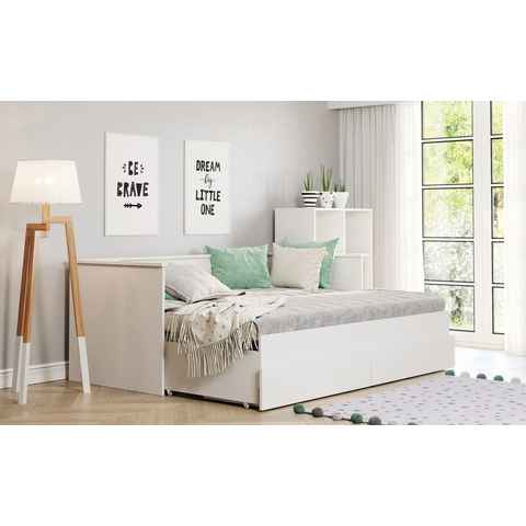Home Collective Bett Tagesbett 80x200 cm Ausziehbett 160x200 cm, Funktionsbett mit zwei Matratzen & zwei Schubladen in weiß