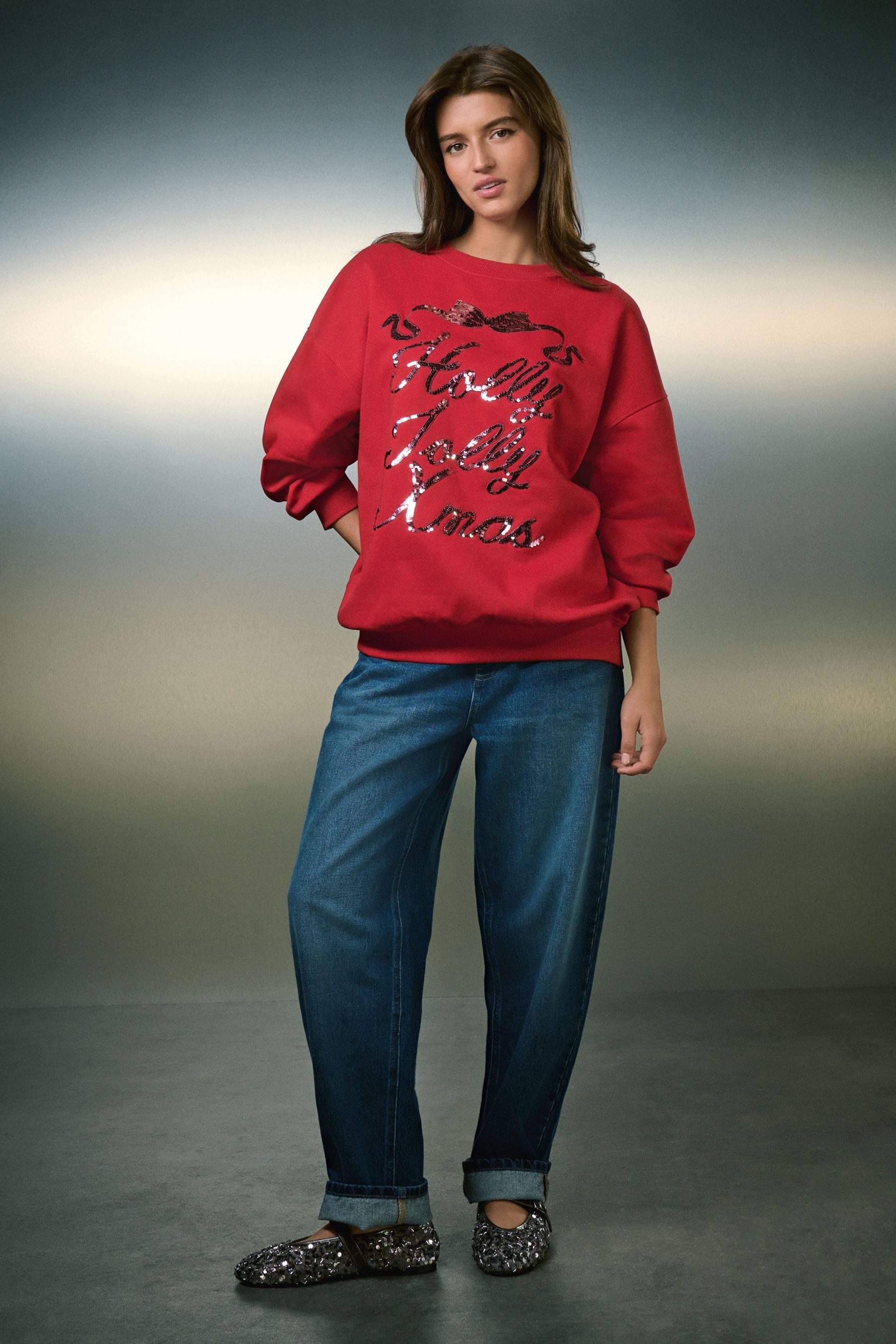 Next Sweater Sweatshirt mit Pailletten und Grafik, Holly Jolly (1-tlg)