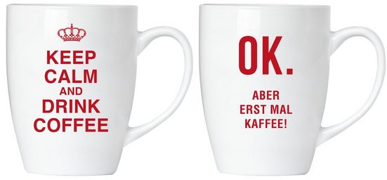 BRUBAKER Tasse »Motivtassen "KEEP CALM..." und "OK. ABER..."«, Keramik, 2er-Set Kaffeebecher in Geschenkpackung mit Grußkarte, Kaffeetassen Geschenkset für Büro Morgenmuffel Becher, Tassen mit Spruch