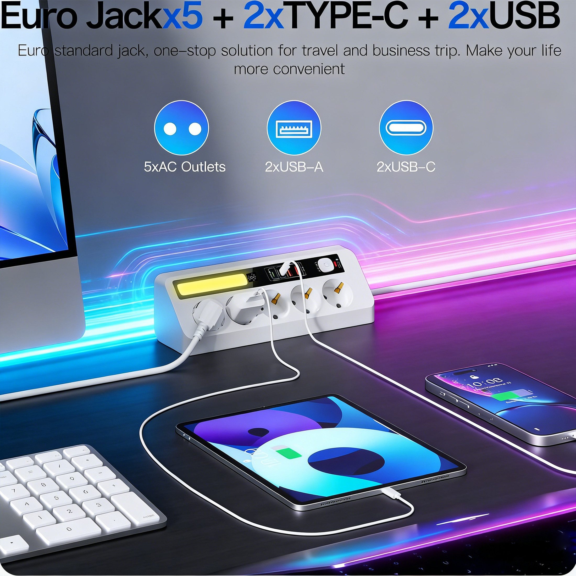 Luckice Tischsteckdosenleiste mit 5 Steckdosen,Eck-Steckdosenleiste Mehrfachsteckdose 9-fach (Ein-/Ausschalter, USB-Anschlüsse, 4 USB-Ports (PD 35 W & 20 W), LE – Bild 5 von 5
