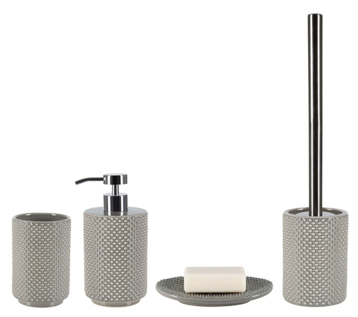 spirella Badaccessoires-Sets MERO, Elegantes Zubehör-Set aus hochwertiger Keramik, attraktive Noppenstruktur, glänzend lasiert, taupe, 4 tlg., bestehend aus: WC-Bürste, Seifenspender, Zahnputzbecher, Seifenschale