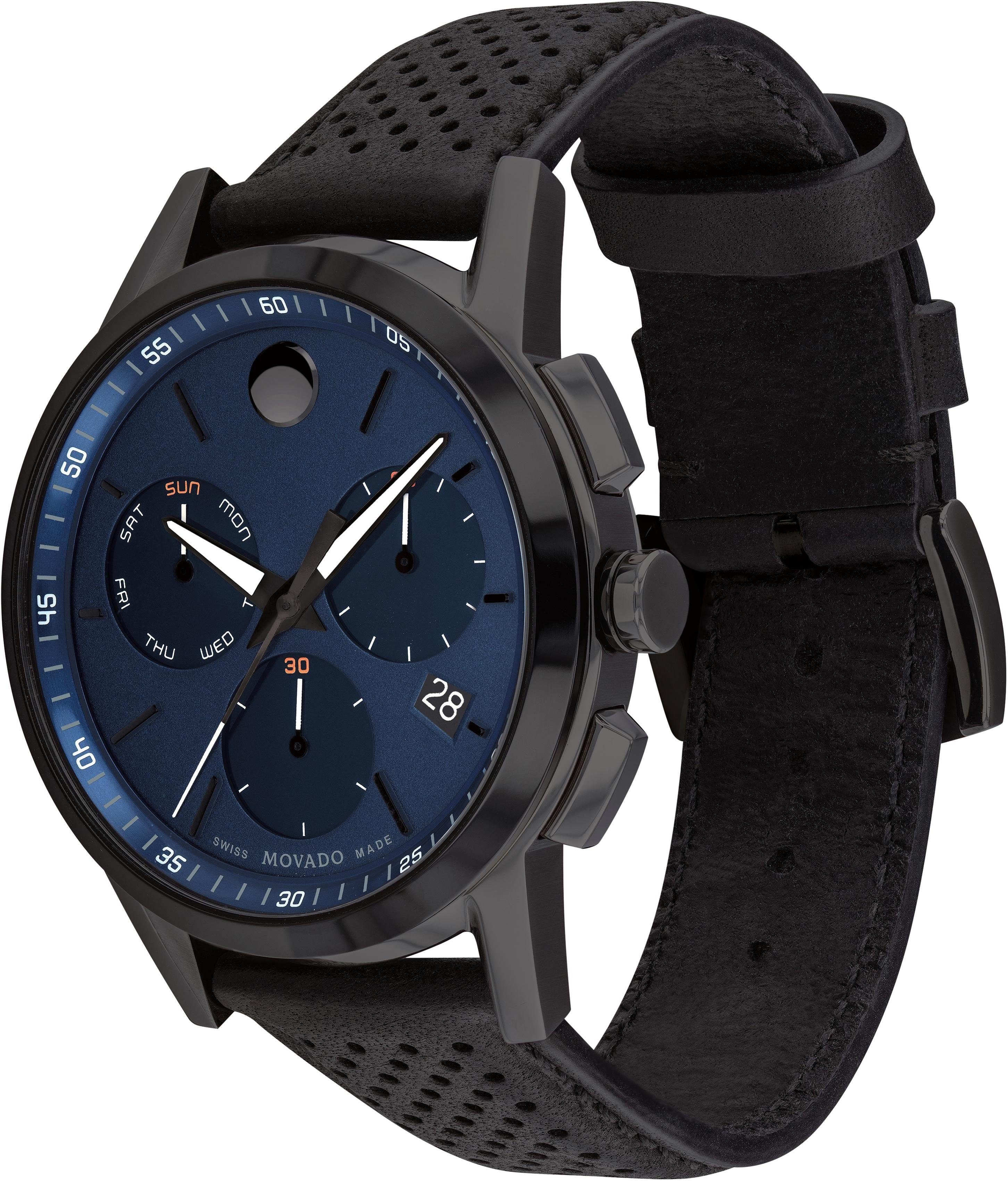 MOVADO Chronograph MUSEUM SPORT, 607360, Quarzuhr, Armbanduhr, Herrenuhr, Swiss Made, Lederarmband, Datum