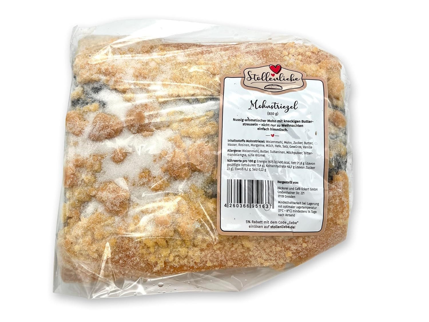 Stollenliebe Süßigkeit 1kg Rosinenstollen, 1 x, handgemachter Weihnachtsstollen, lange gereift