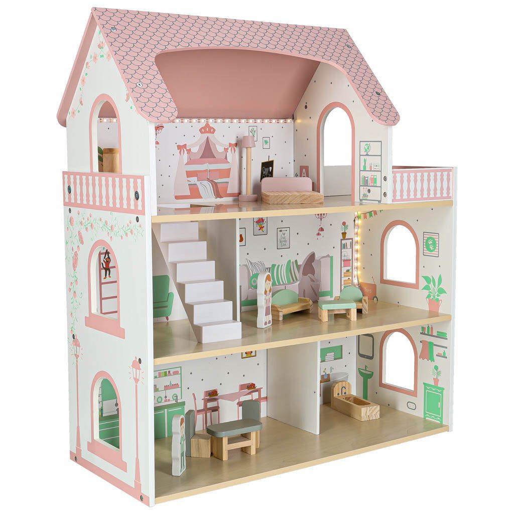 Ikonka Puppenhaus Holzpuppenhaus 70 cm mit LED Beleuchtung Balkon Möbelset Kinder, (Holzpuppenhaus mit LED Beleuchtung Balkon Möbel und Figuren, Puppenhaus mit Möbeln Figuren LED Licht Balkon für Kinder), LED Beleuchtung Balkon Möbelset Spielfiguren MDF Konstruktion