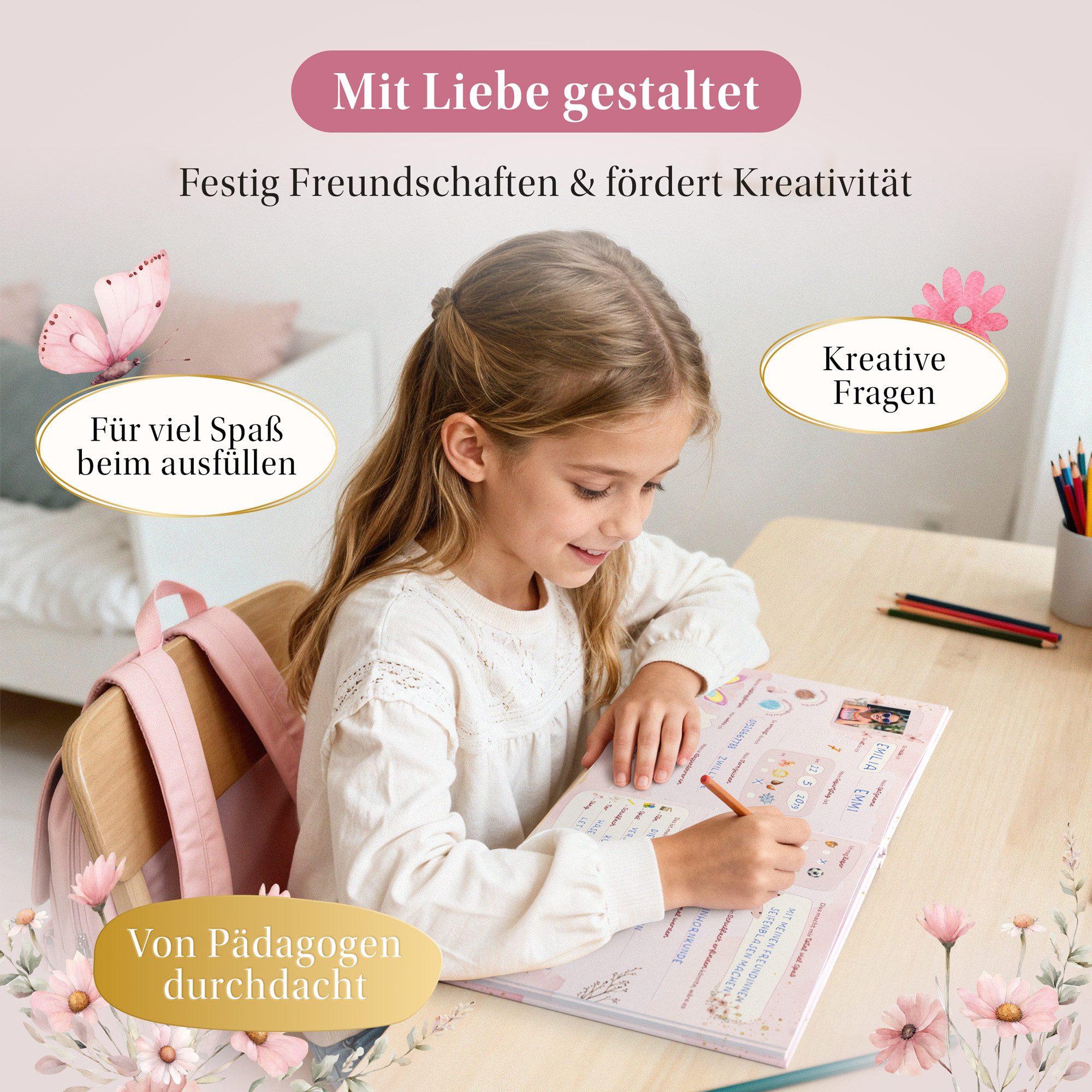 Eulentaler Freundebuch für Mädchen (Schule) I von Pädagogen gestaltet, Schmetterlinge, Blumen & Goldprägung, Geschenk für Schulkinder