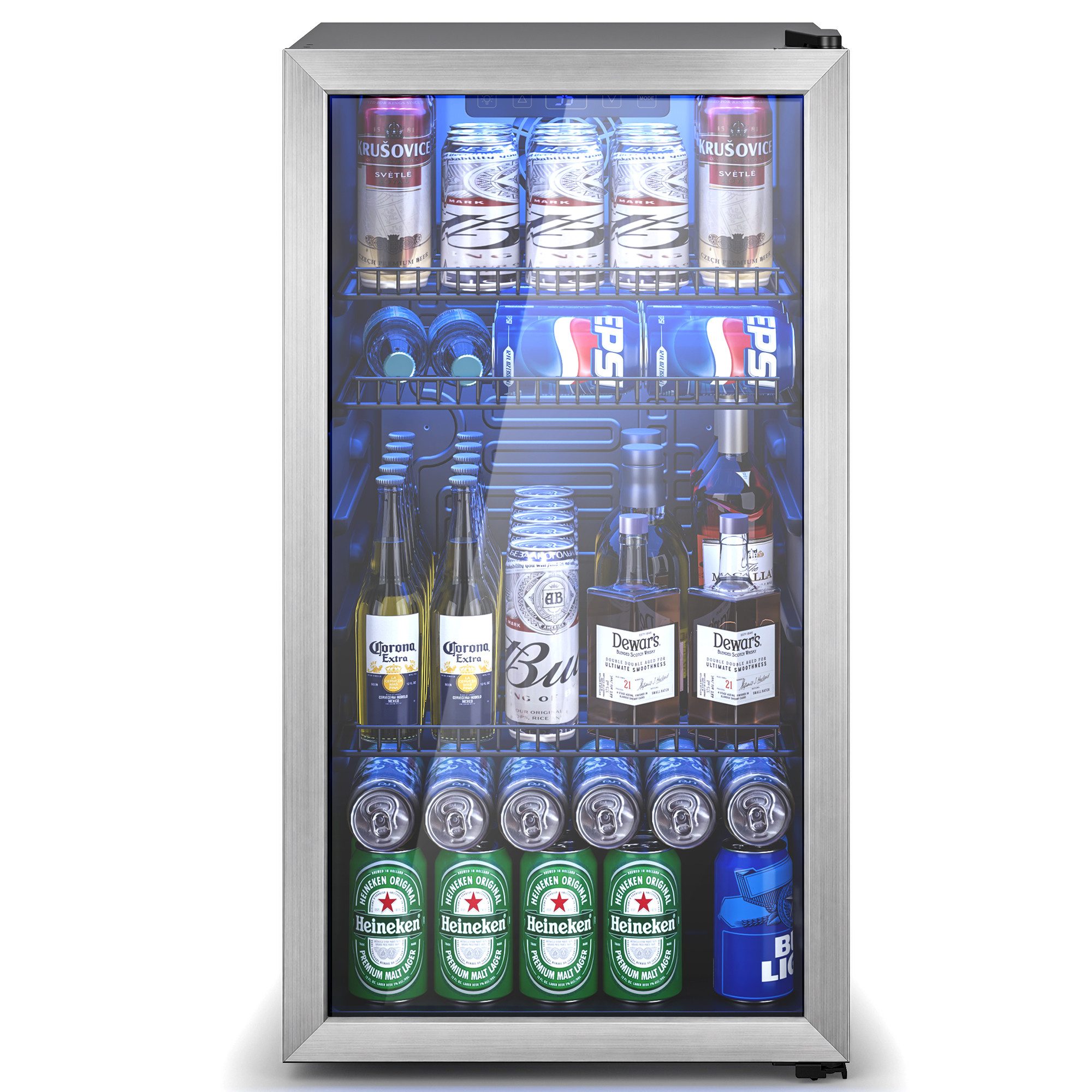 Furnicopia Getränkekühlschrank 89L, Doppelverglasung, LED-Beleuchtung, geräuscharm, silberner Aluminium-Rahmen KVC-90A, LED-Touch, verstellbare Füße & Ablagen, silberner Alu-Rahmen