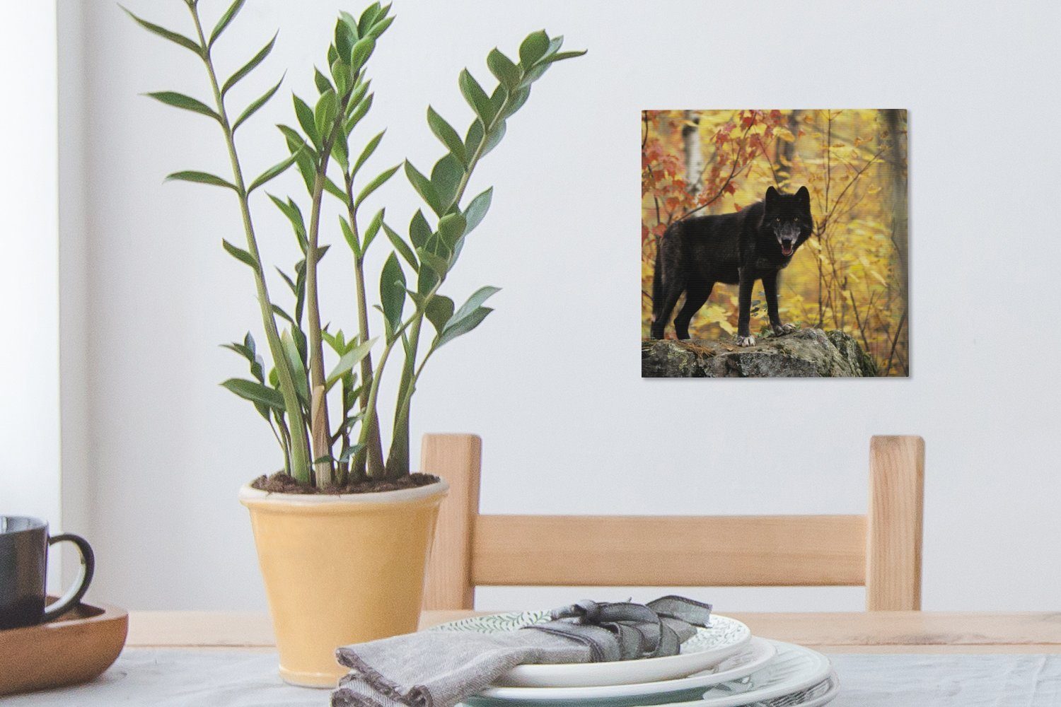Bilder Baum, Schlafzimmer St), - Wohnzimmer OneMillionCanvasses® Leinwandbild Wolf für (1 - Leinwand Fels