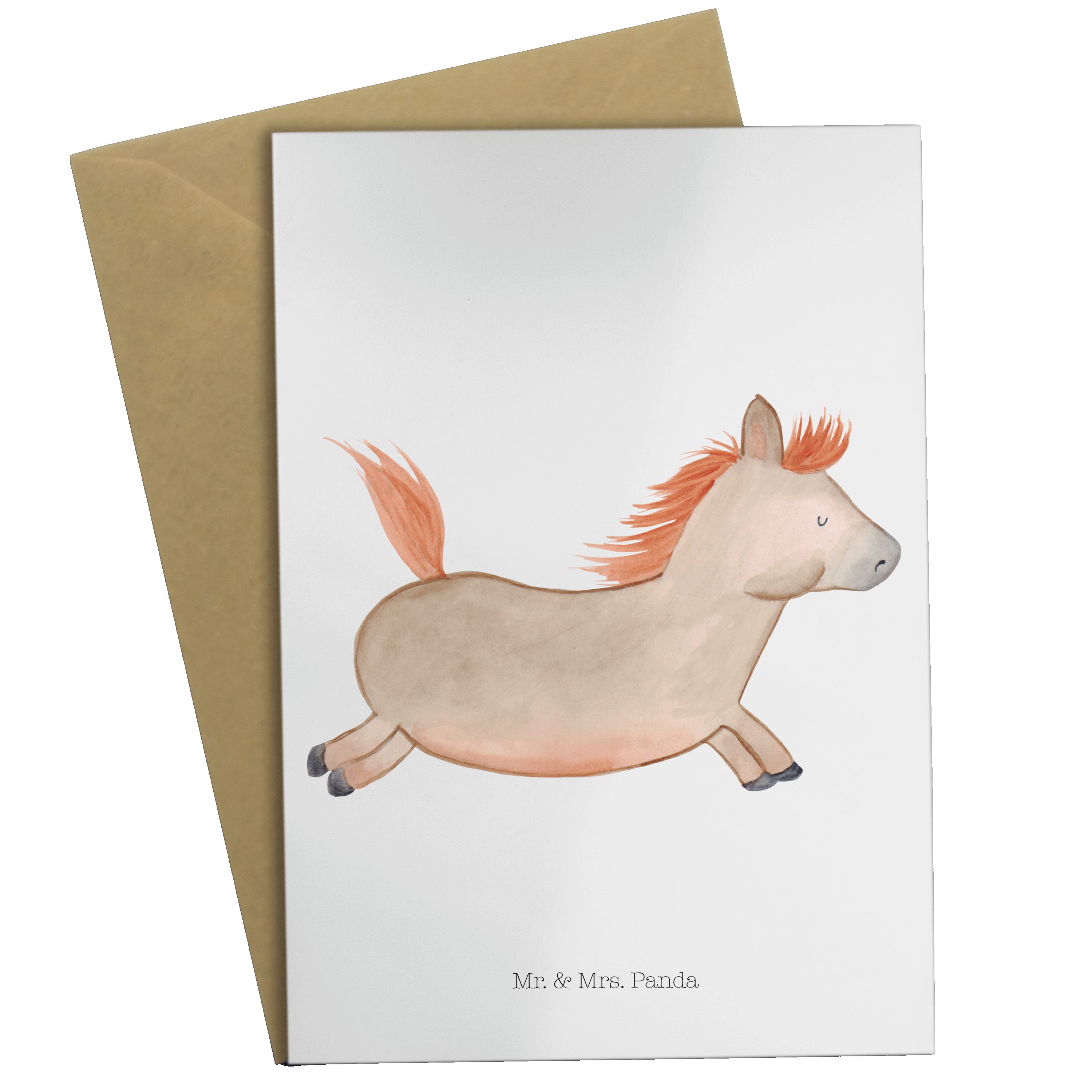 Mr. & Mrs. Panda Grußkarte Pferd springt - Weiß - Geschenk, ausreiten, Pferde, Glückwunschkarte
