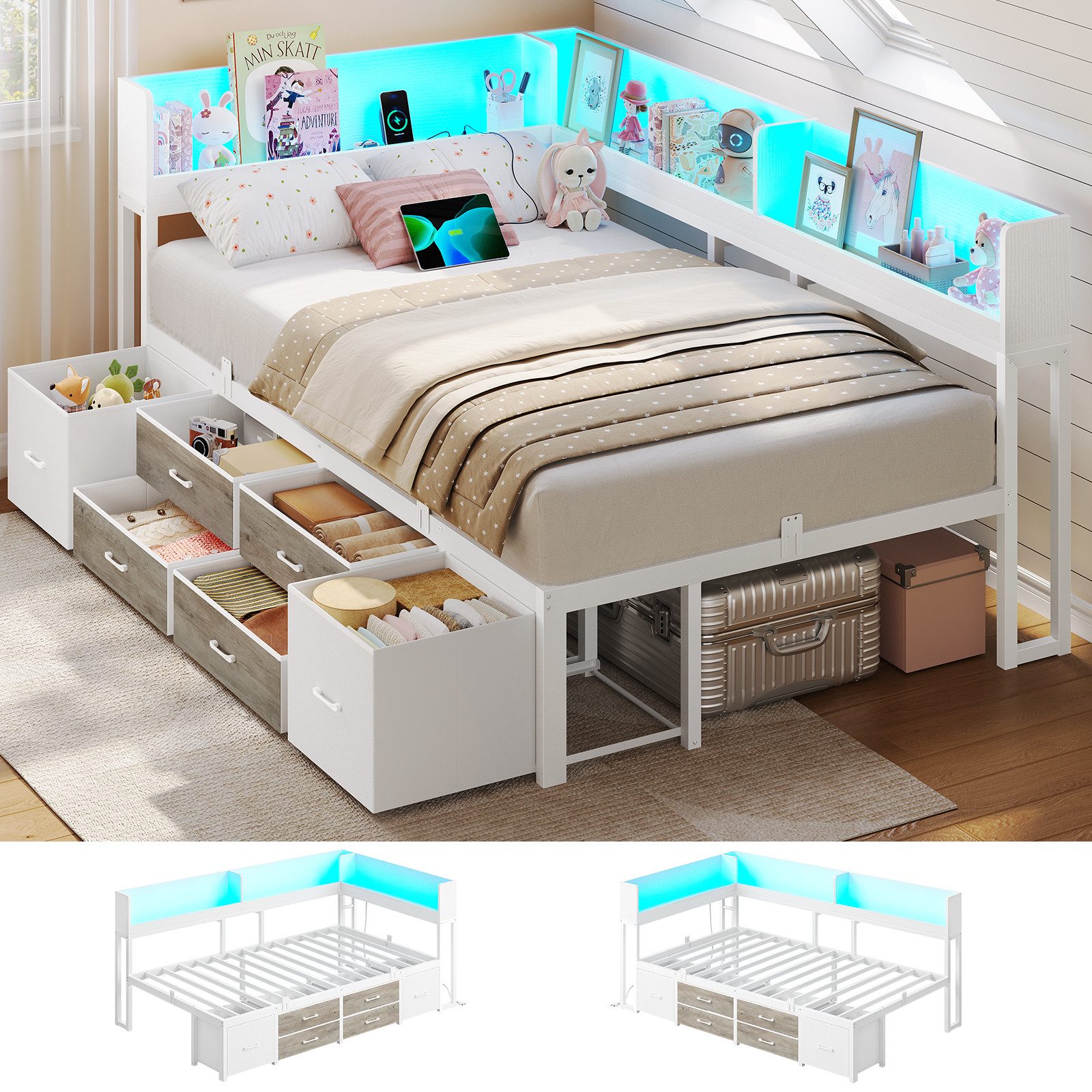 MSMASK Daybett Schlafsofa mit LED-Beleuchtung & Ladestation, Jugendbett Kinderbett, mit Integriertem Bücherregal & 6 Schubladen, 90x200cm