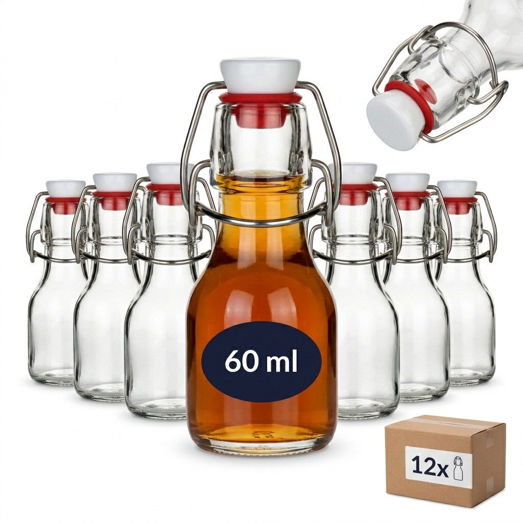 gouveo Trinkflasche Glasflaschen 60 ml mit Bügelverschluss rot - Mini Bügel-Flasche 0,06 l, Drahtbügelverschluss, luftdicht verschließbar, spülmaschinengeeignet