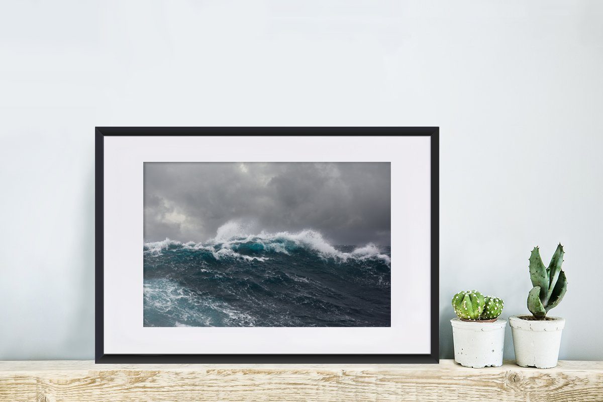 MuchoWow Poster Meer mit Sturm St), Gerahmtes - Welle, Poster, Schwarzem Bilderrahmen - (1 Kunstdruck, Rahmen